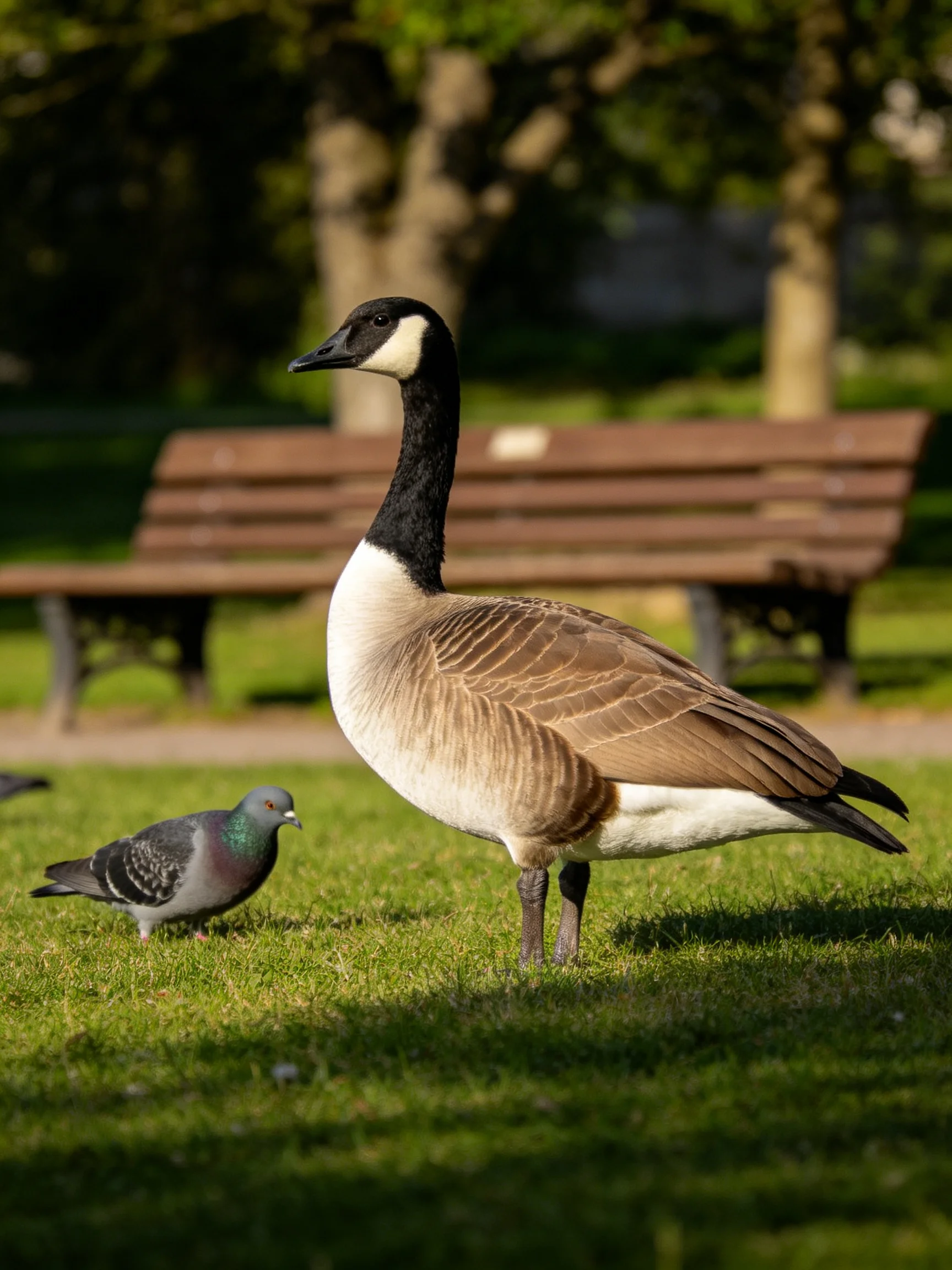 A Canada goose and a pigeon on a grassy park area