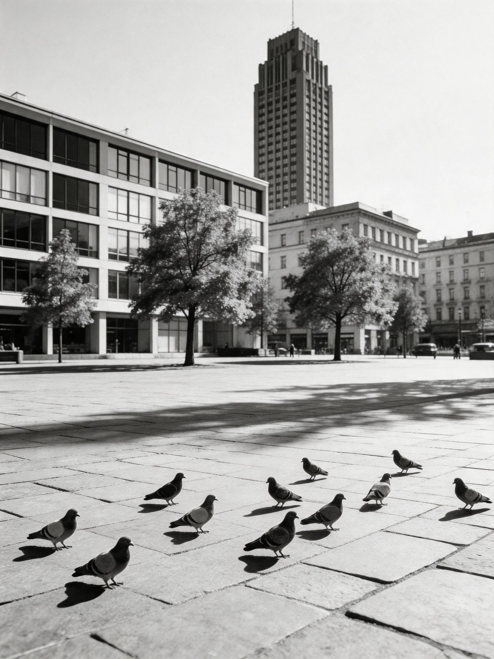 A City Plaza with Pigeons Among Modern and Historic Structures