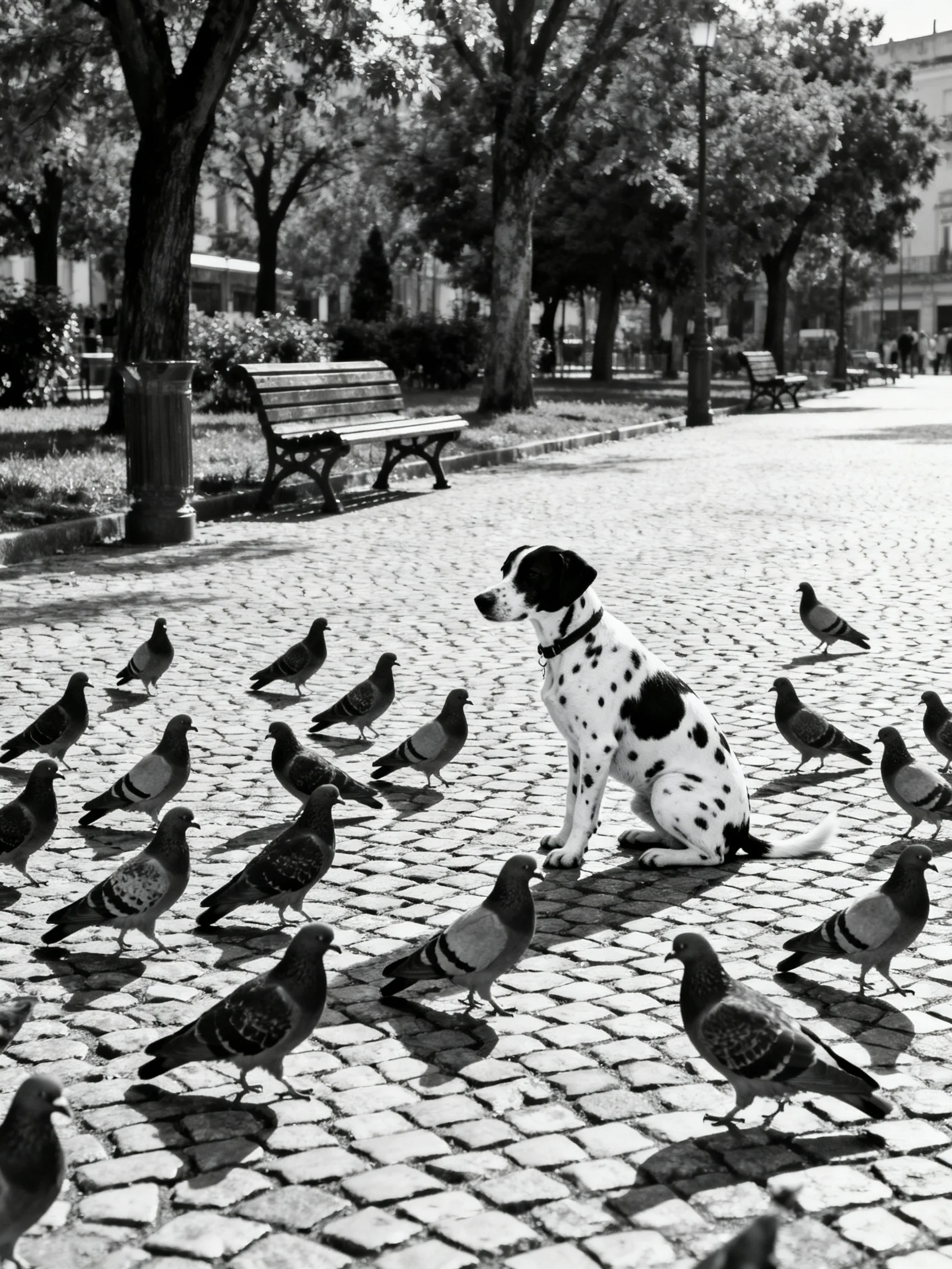 A Dalmatian dog surrounded by many pigeons in a cobblestone park