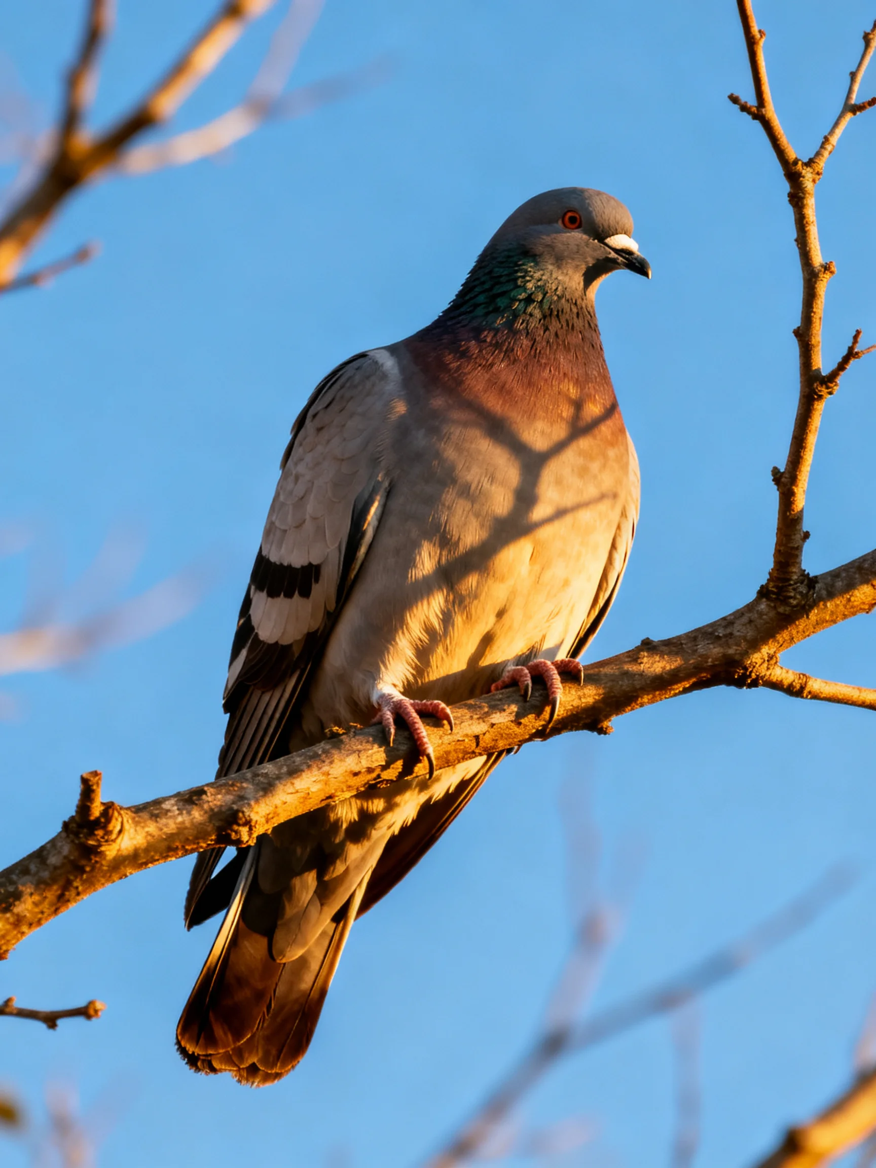 A Gray-Brown Pigeon with Green Neck Perched on a Bare Branch