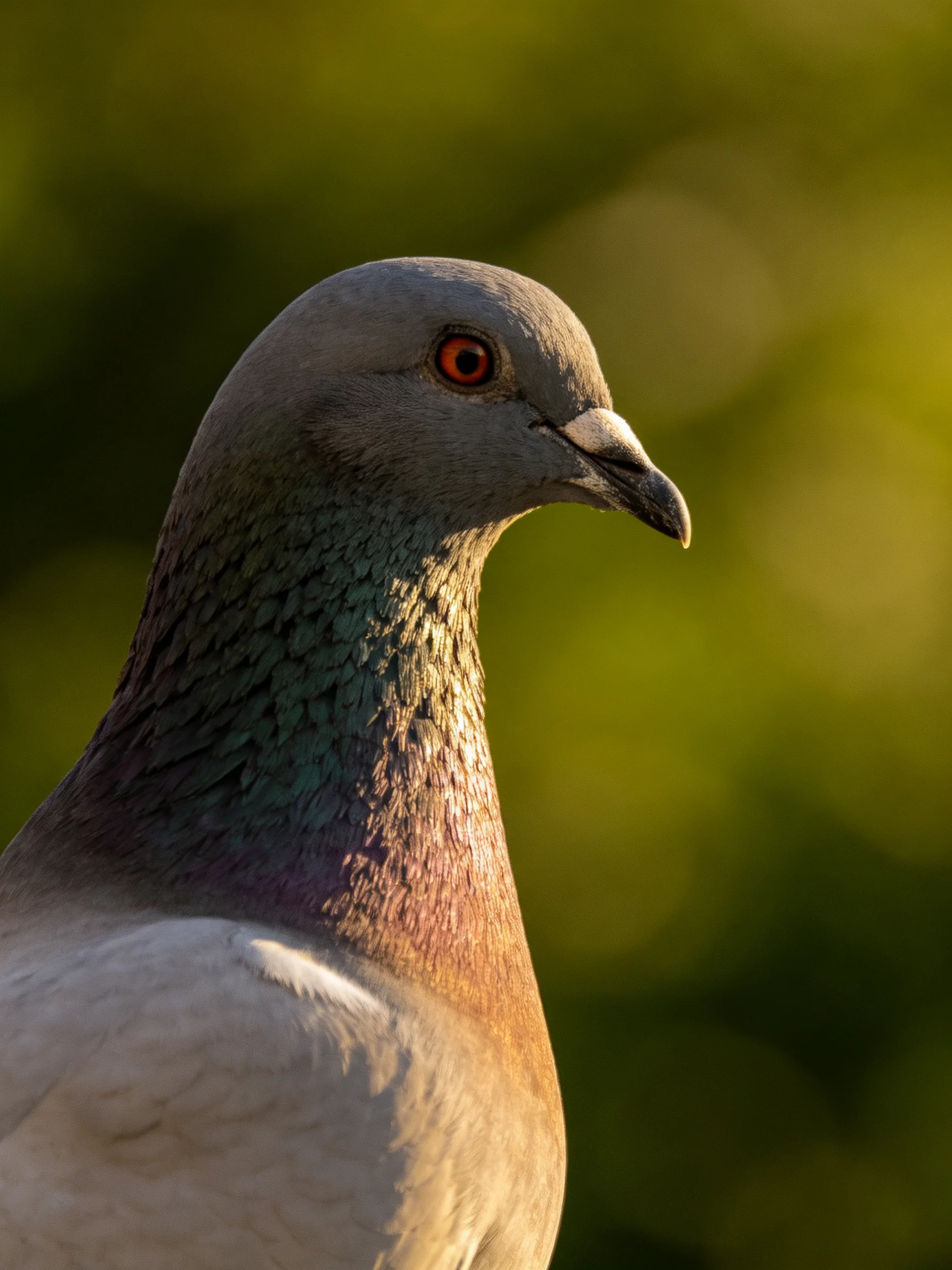 A Gray-Crowned Pigeon with Iridescent Neck Feathers Under Warm Light