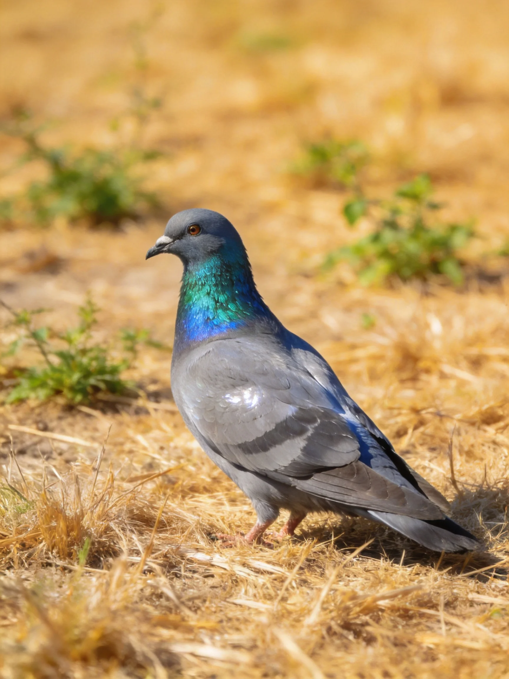A Gray Pigeon Displays Iridescent Green-Blue Neck on Dry Grass