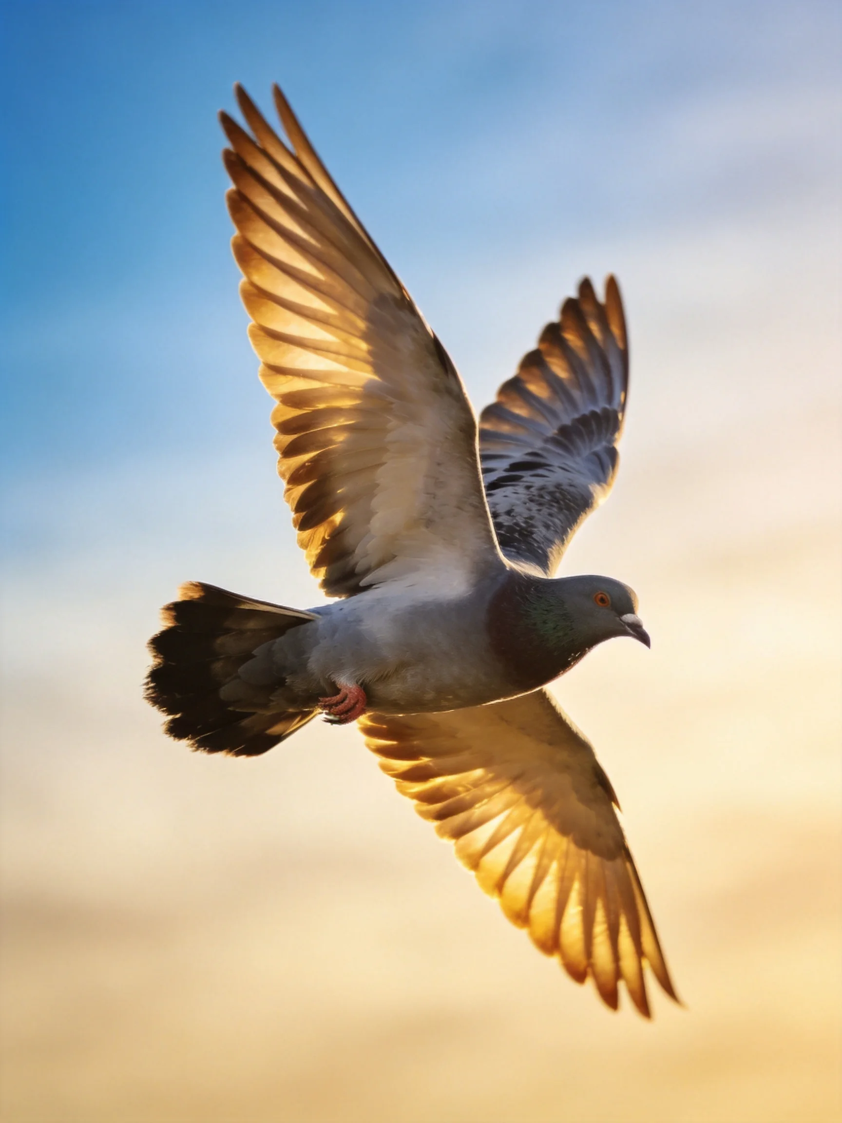 A Gray Pigeon Flies with Spread Wings Against a Gradient Sky