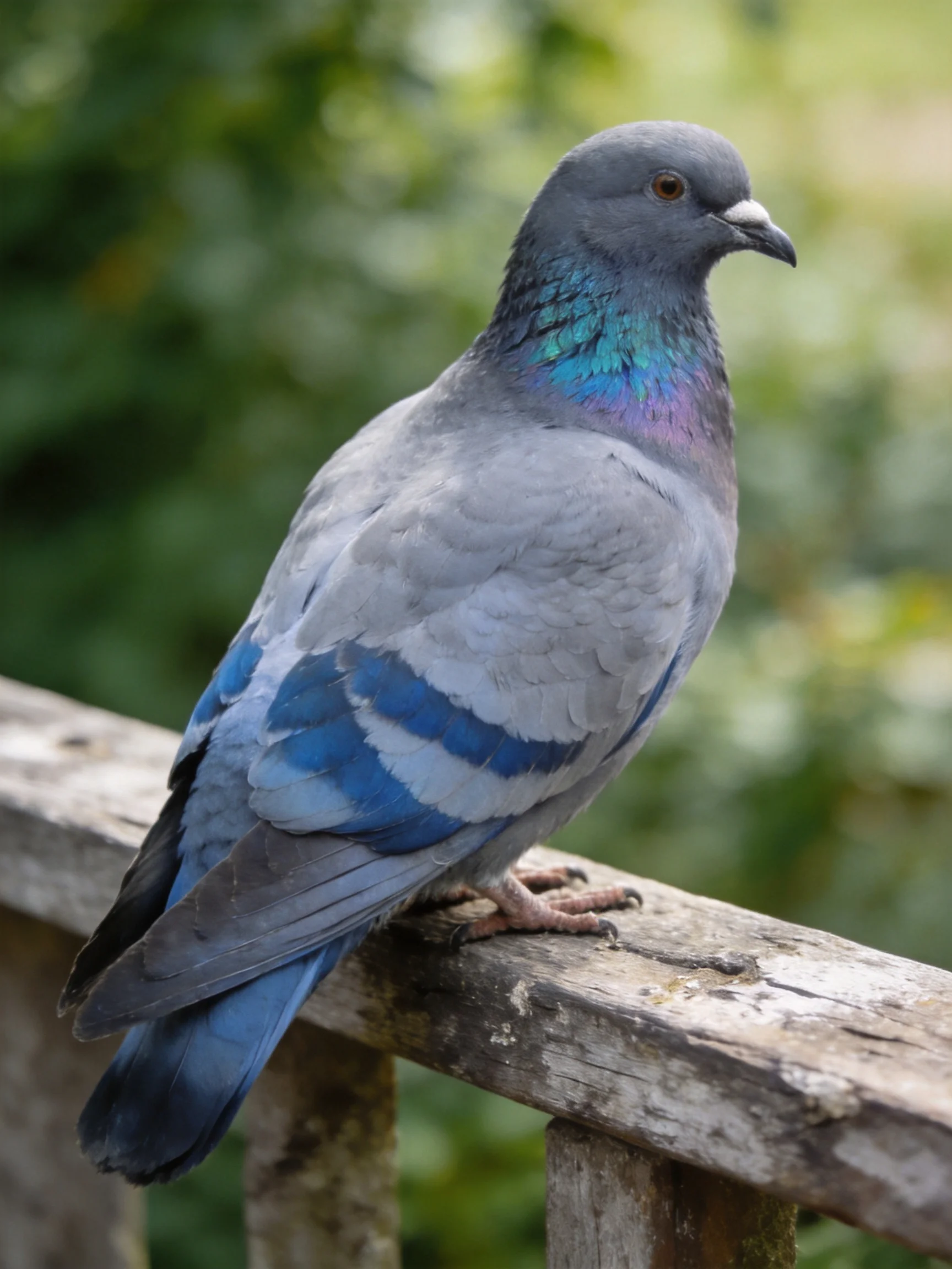 A Gray Pigeon with Blue and Purple Feathers on a Wooden Fence