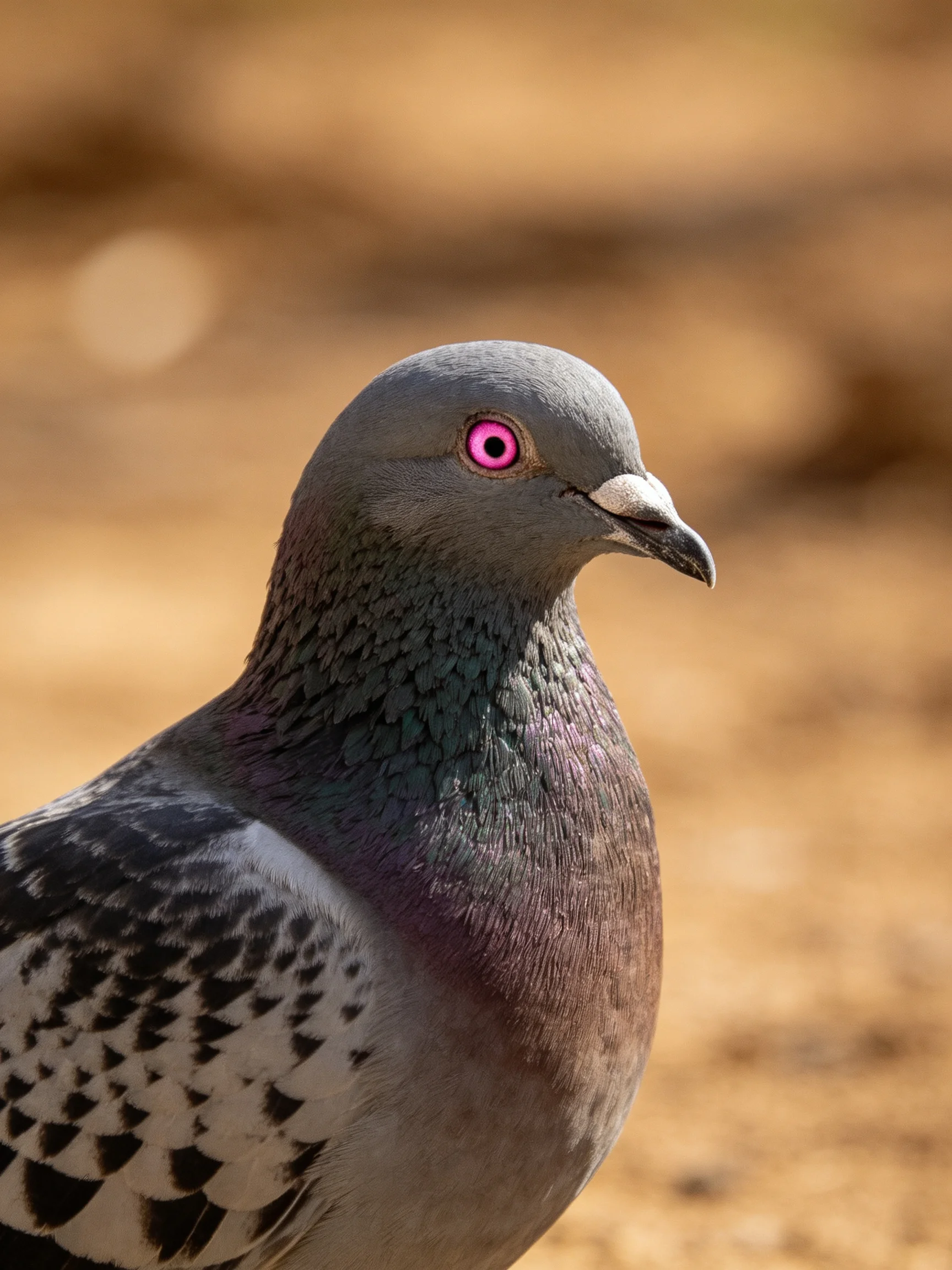 A Gray Pigeon with Bright Pink Eye and Detailed Plumage