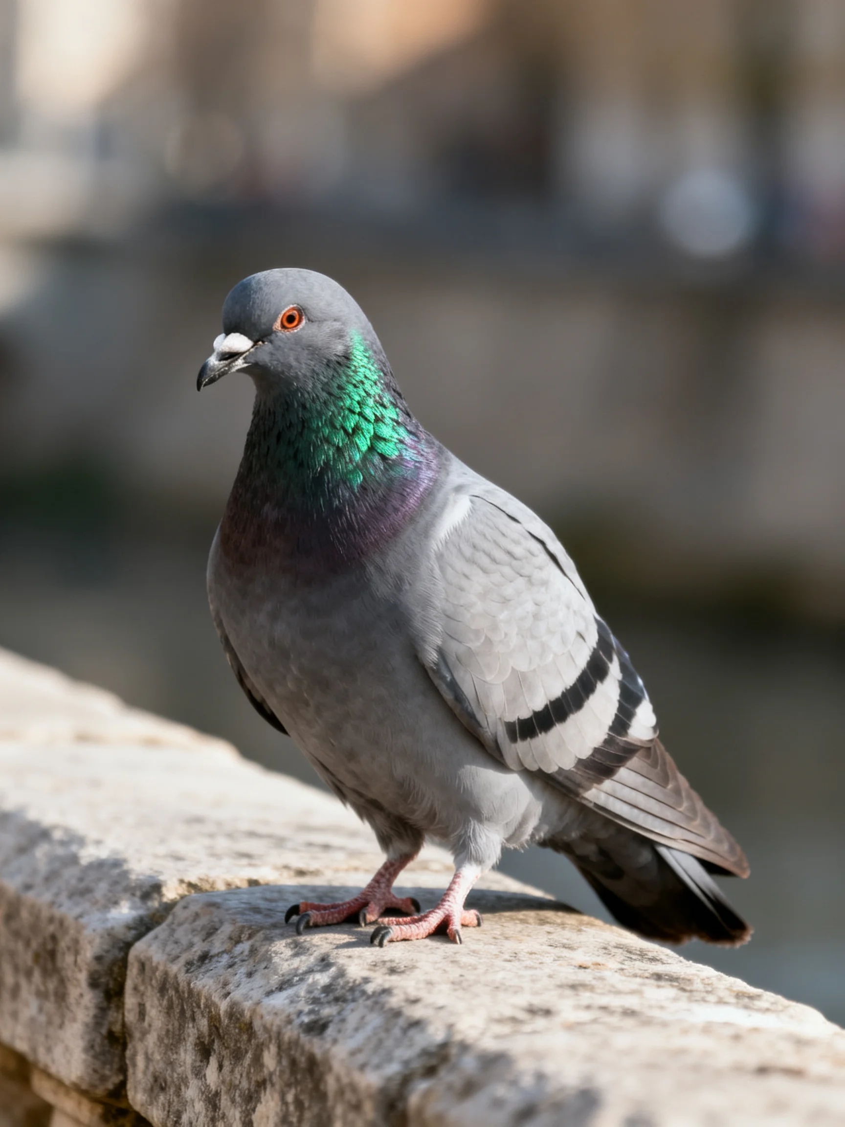 A Gray Pigeon with Green Neck Feathers Perched on a Stone Ledge
