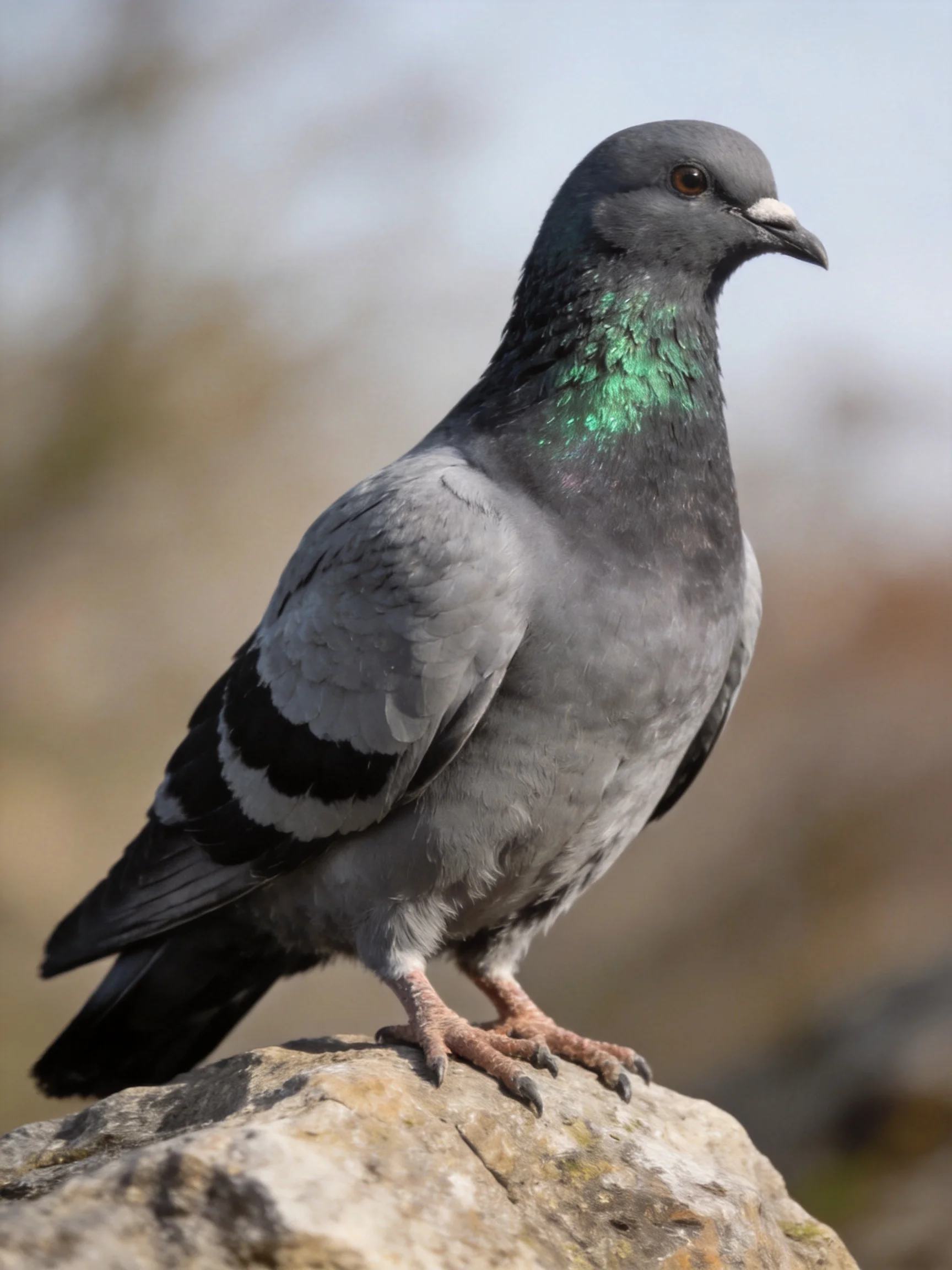 A Gray Pigeon with Green Neck Perched on a Weathered Rock