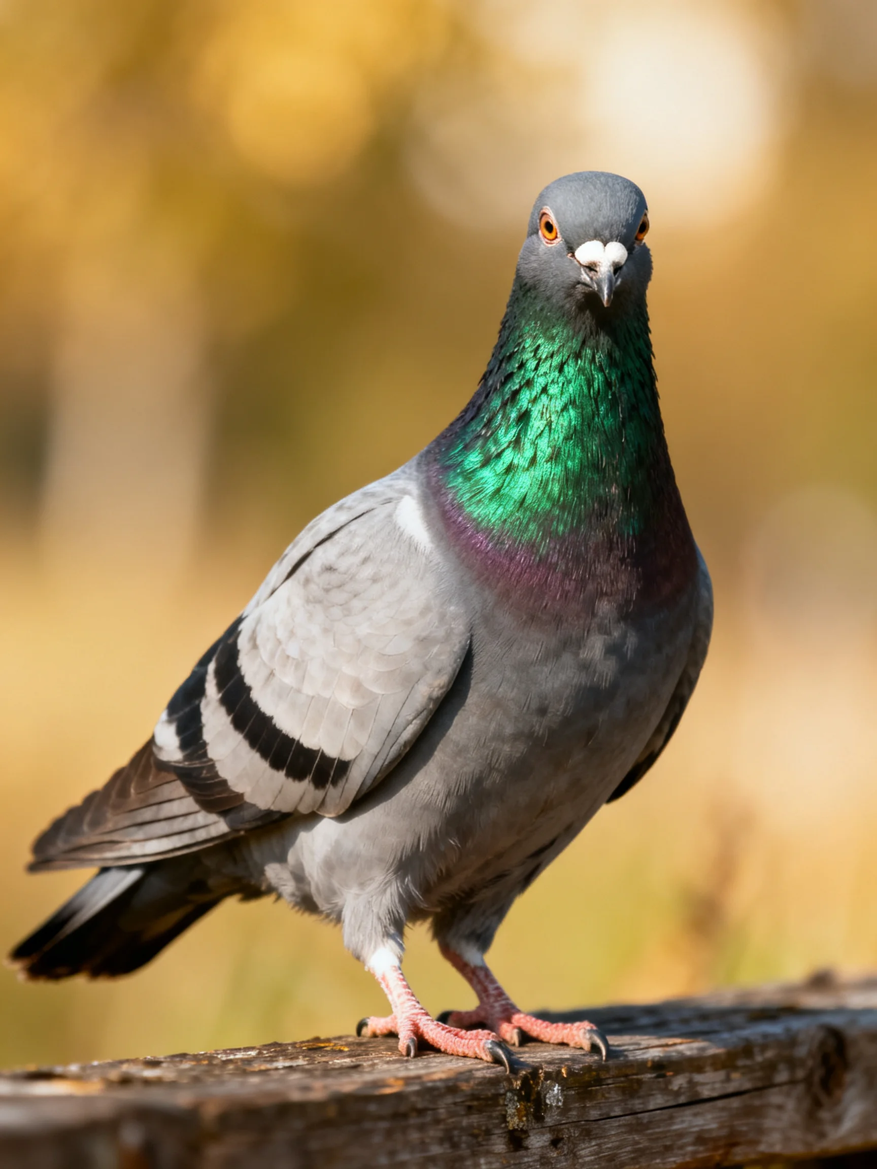 A Gray Pigeon with Green Neck and Black Wing Stripes Perched on Wood