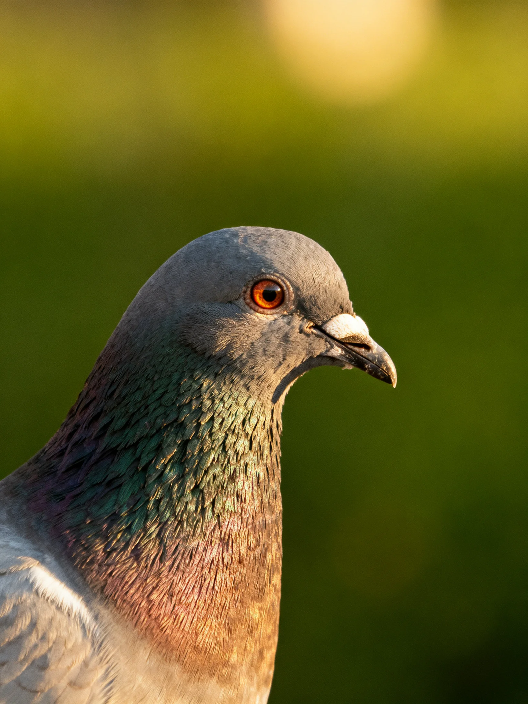 A close - up of a gray pigeon with an orange eye against a blurred green backdrop.