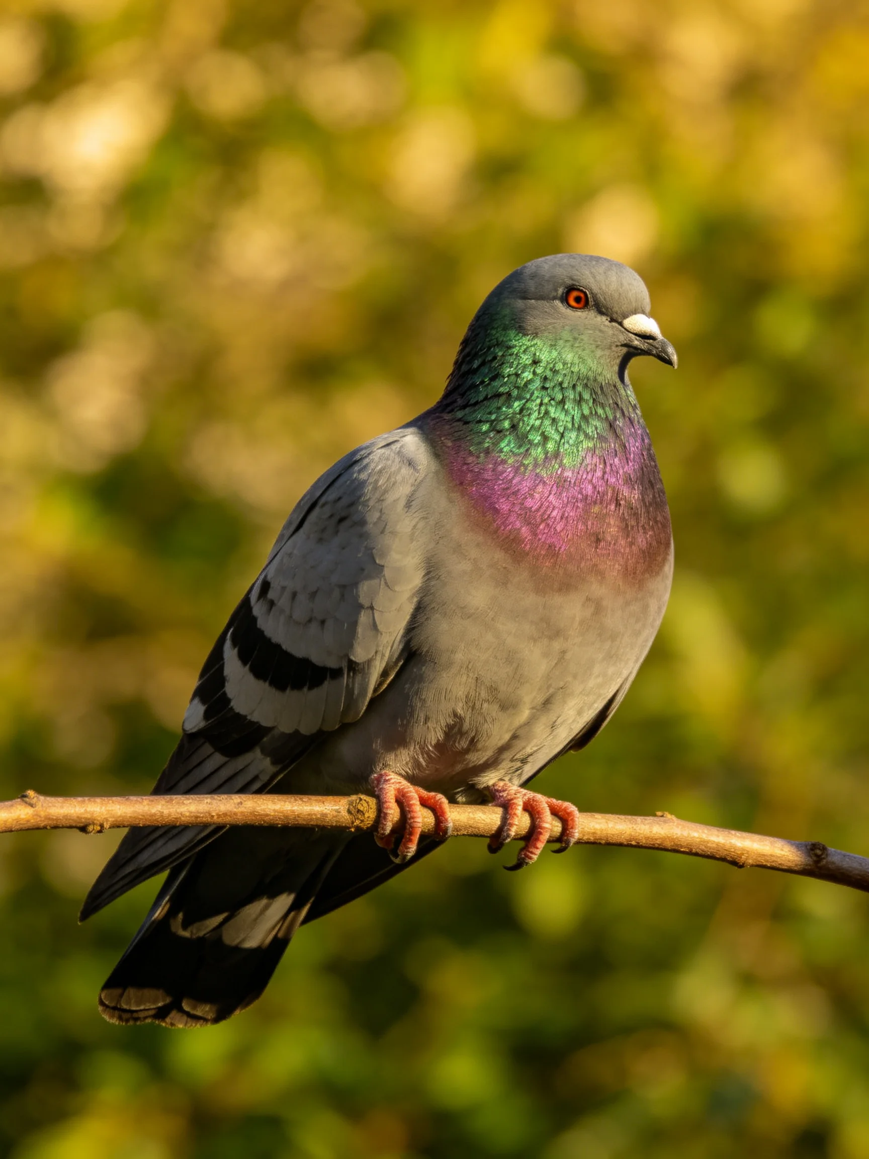 A Gray Pigeon with Green and Purple Feathers Perches on a Branch