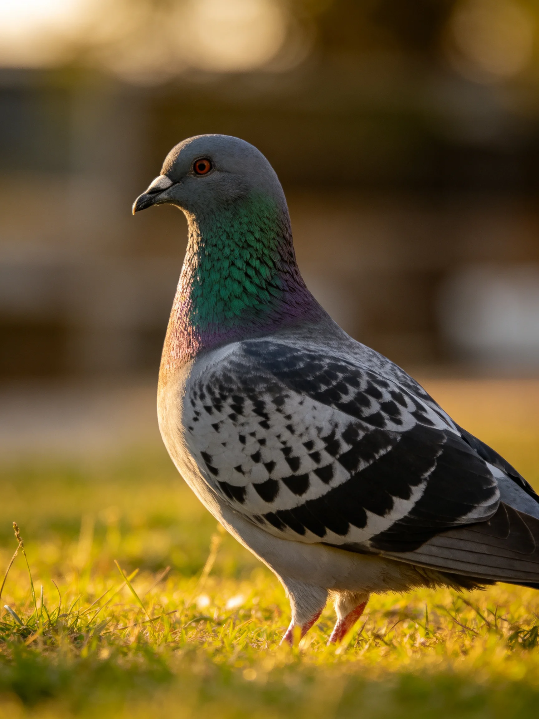 A Gray Pigeon with Green and Purple Feathers on Sunlit Grass