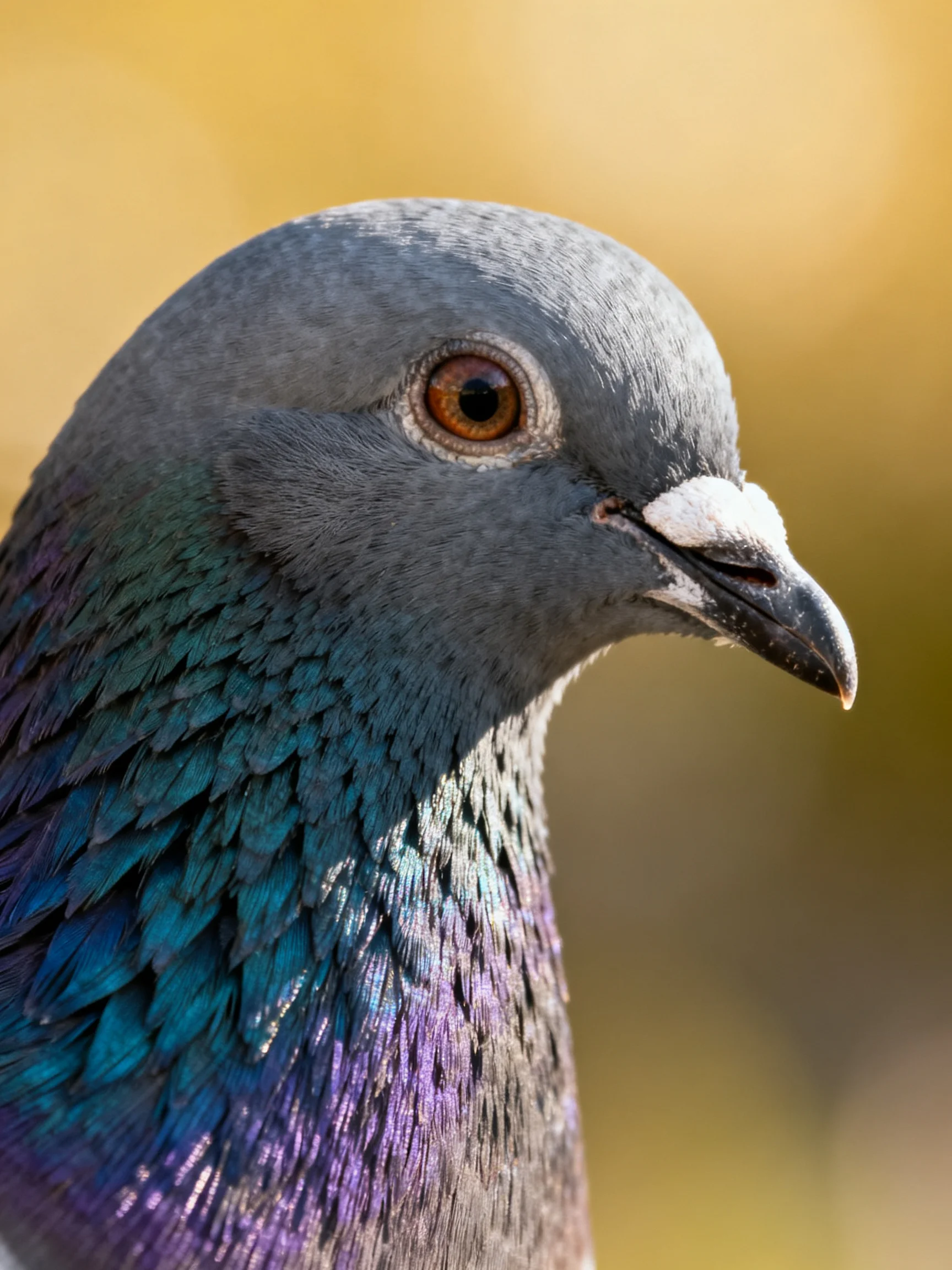 A Gray Pigeon with Iridescent Blue and Purple Feathers