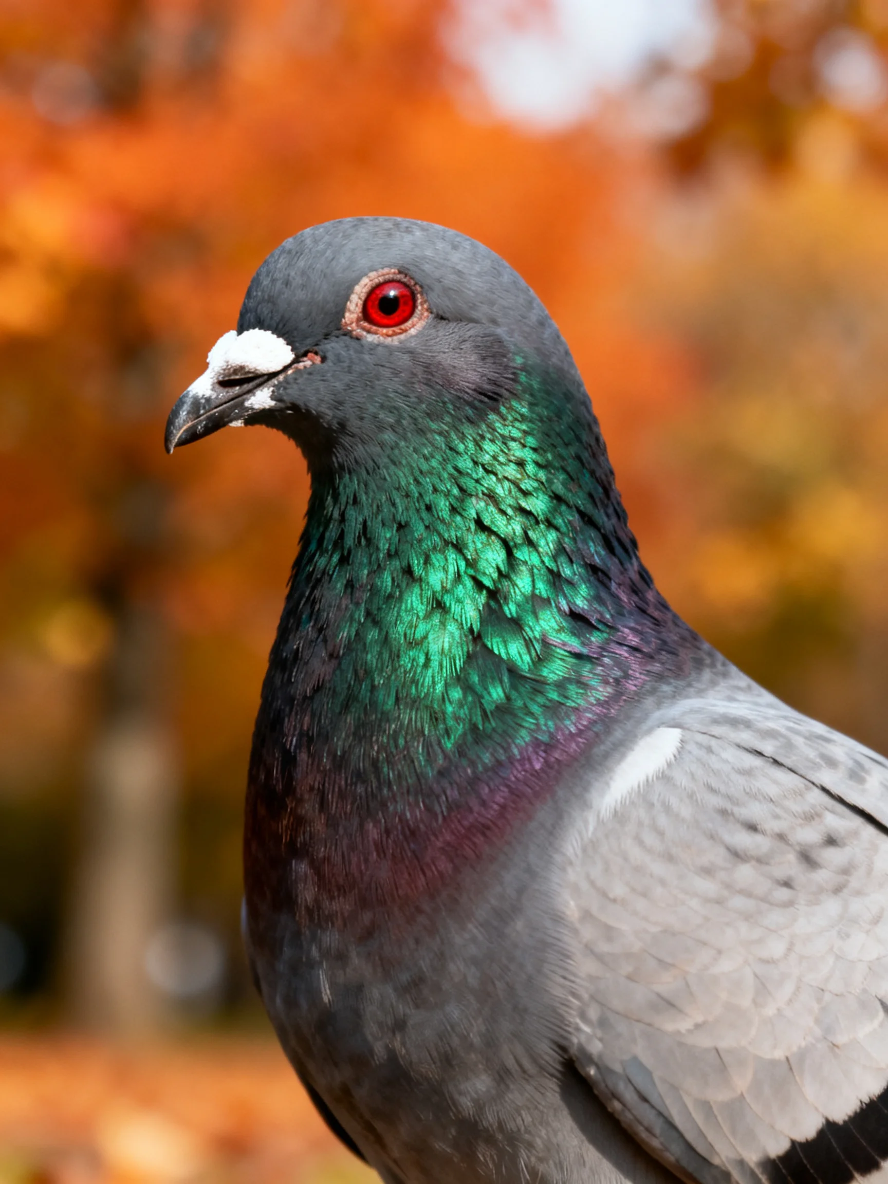 A Gray Pigeon with Iridescent Green Neck Feathers Among Autumn Foliage