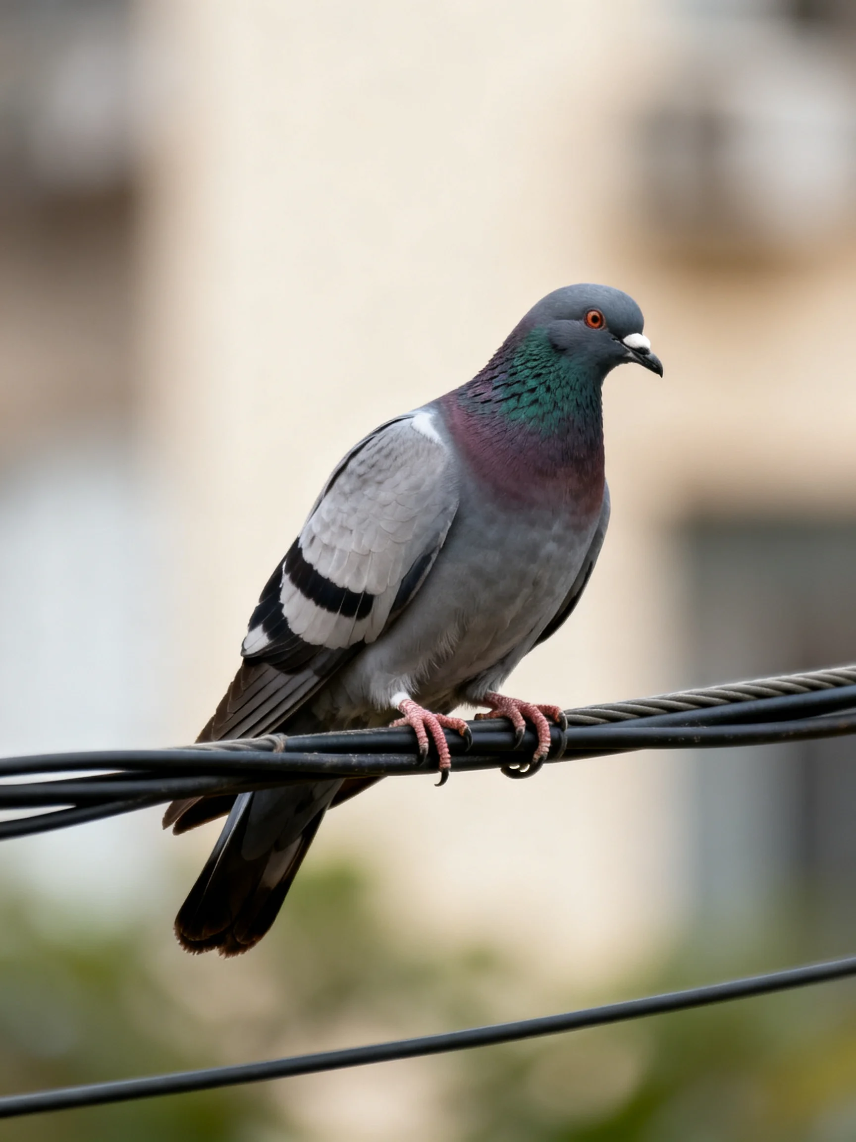 A Gray Pigeon with Iridescent Green Neck Perched on Black Wires