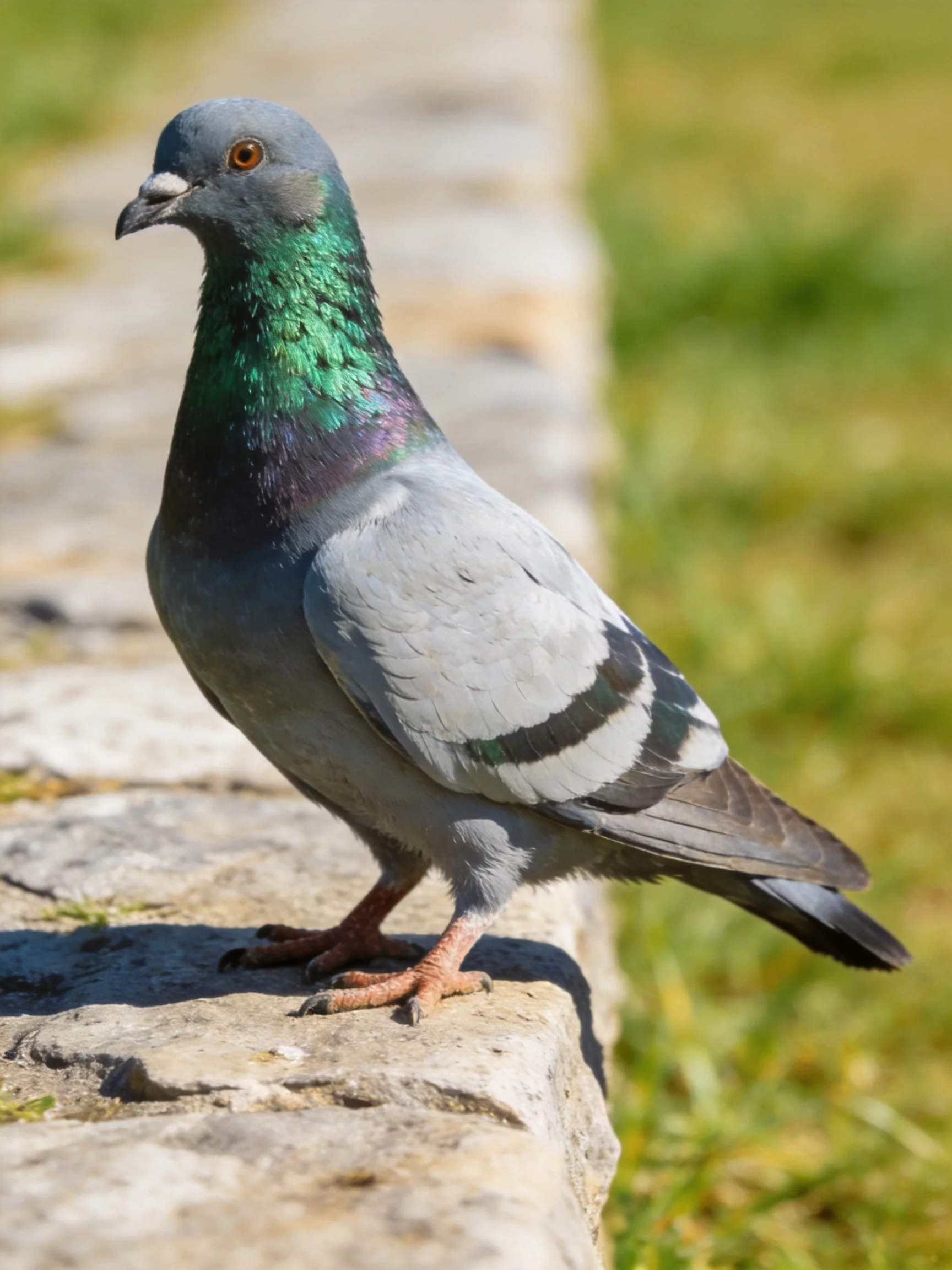 A gray pigeon with iridescent plumage stands on a stone ledge near grass.