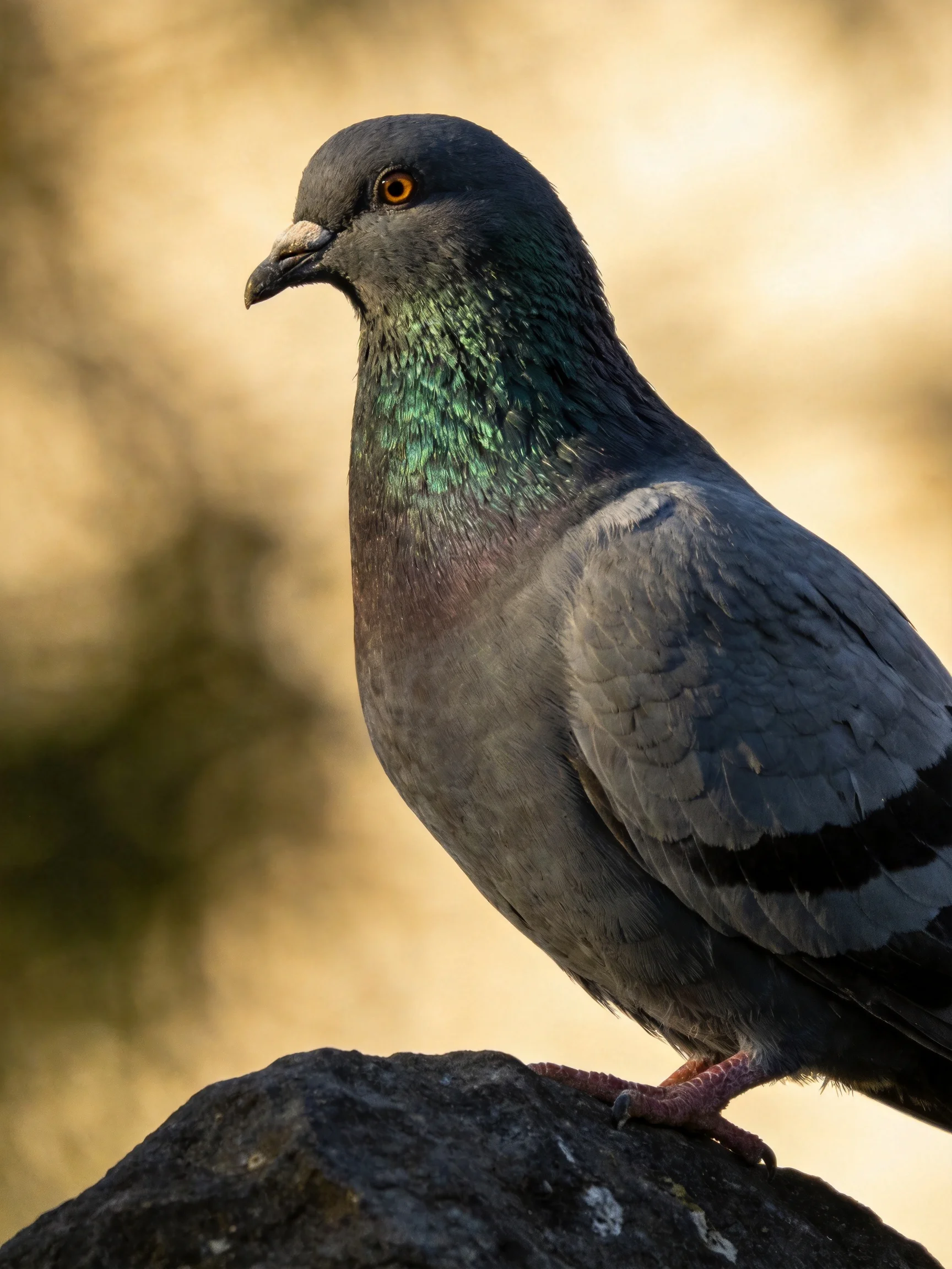 A Gray Pigeon with Iridescent Green Neck Perched on a Rock