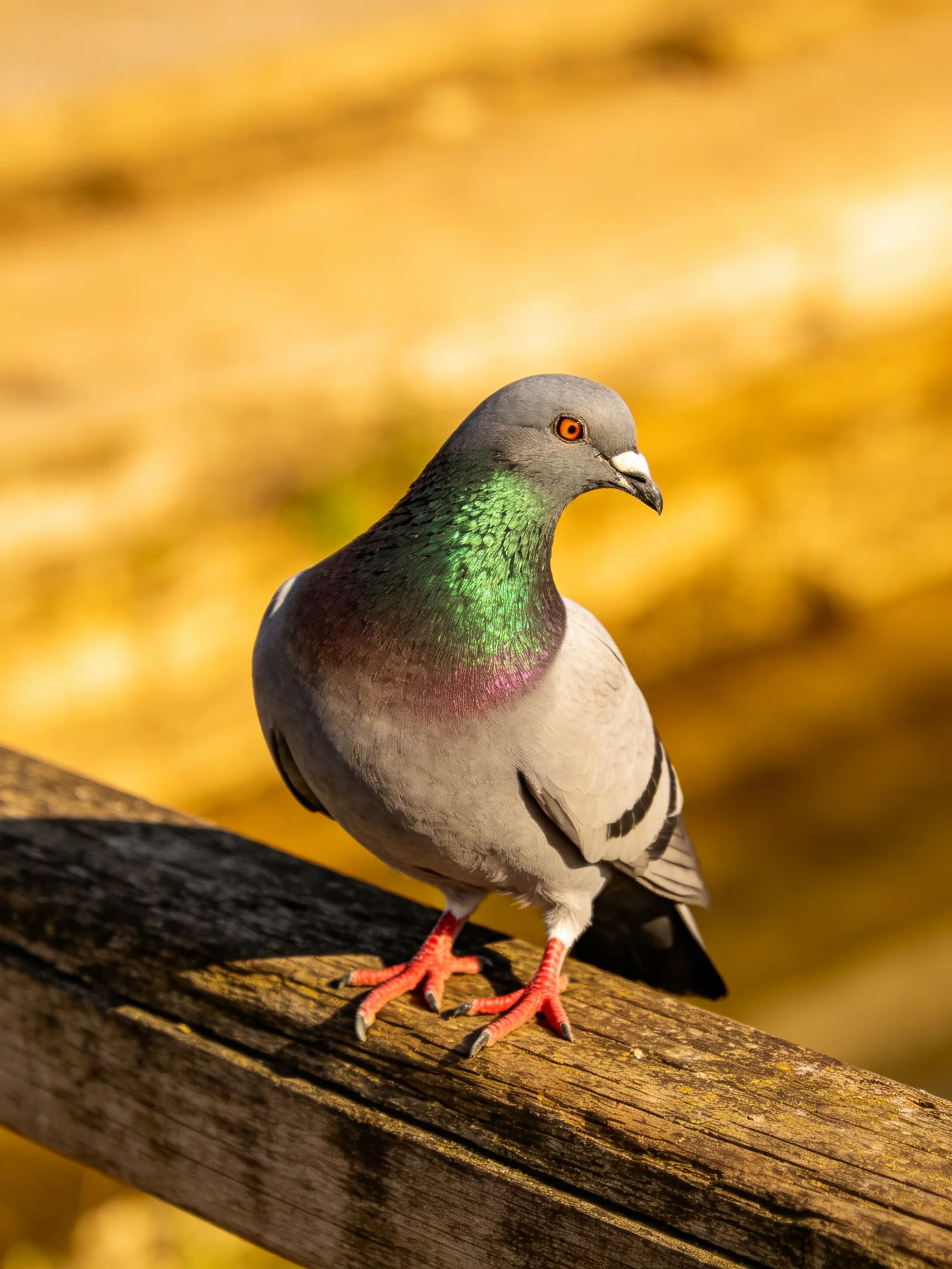 A Gray Pigeon with Iridescent Green Neck Perched on a Wooden Fence Post