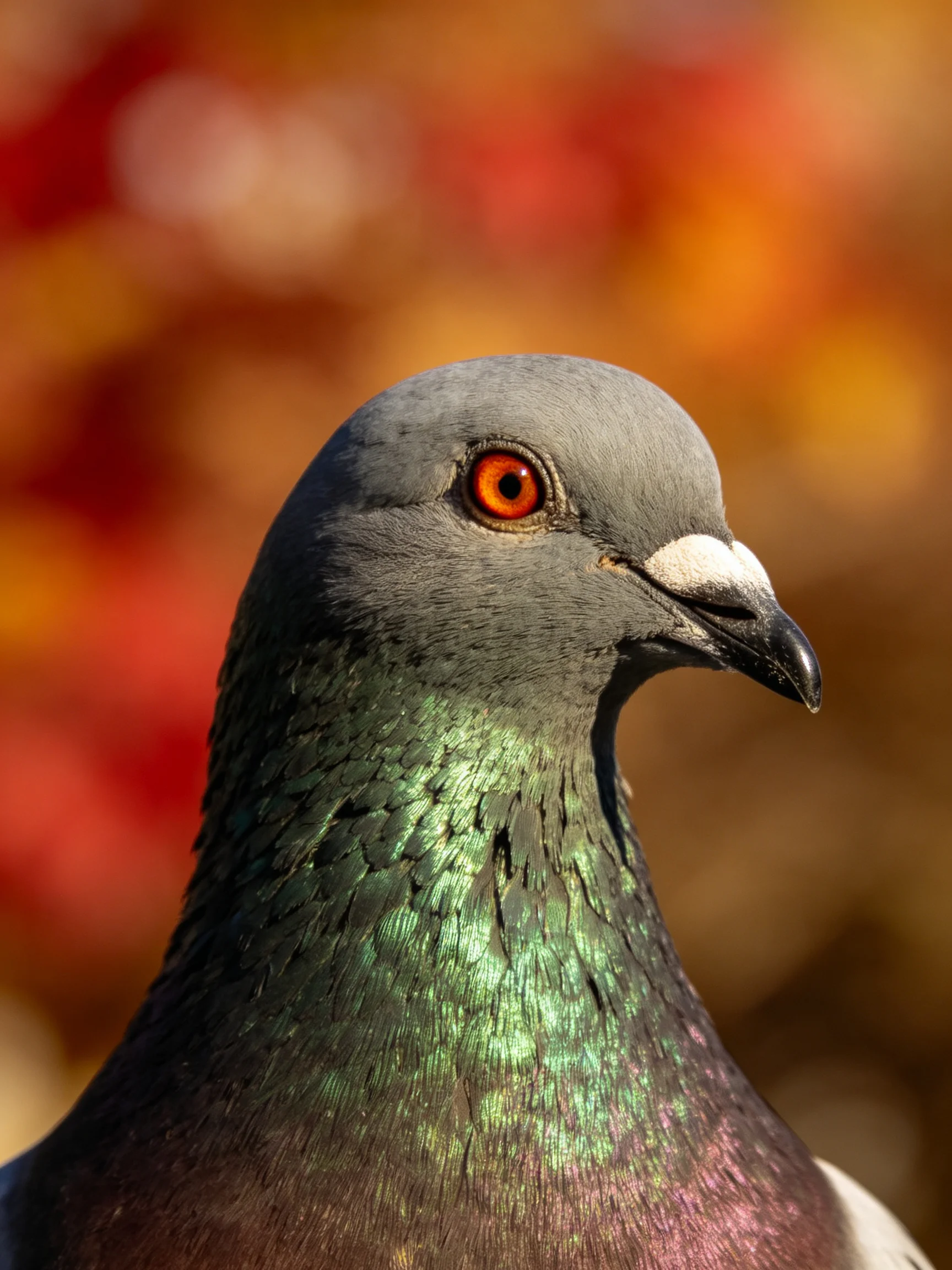 Close - up of a gray pigeon with iridescent feathers against a blurred autumnal backdrop.