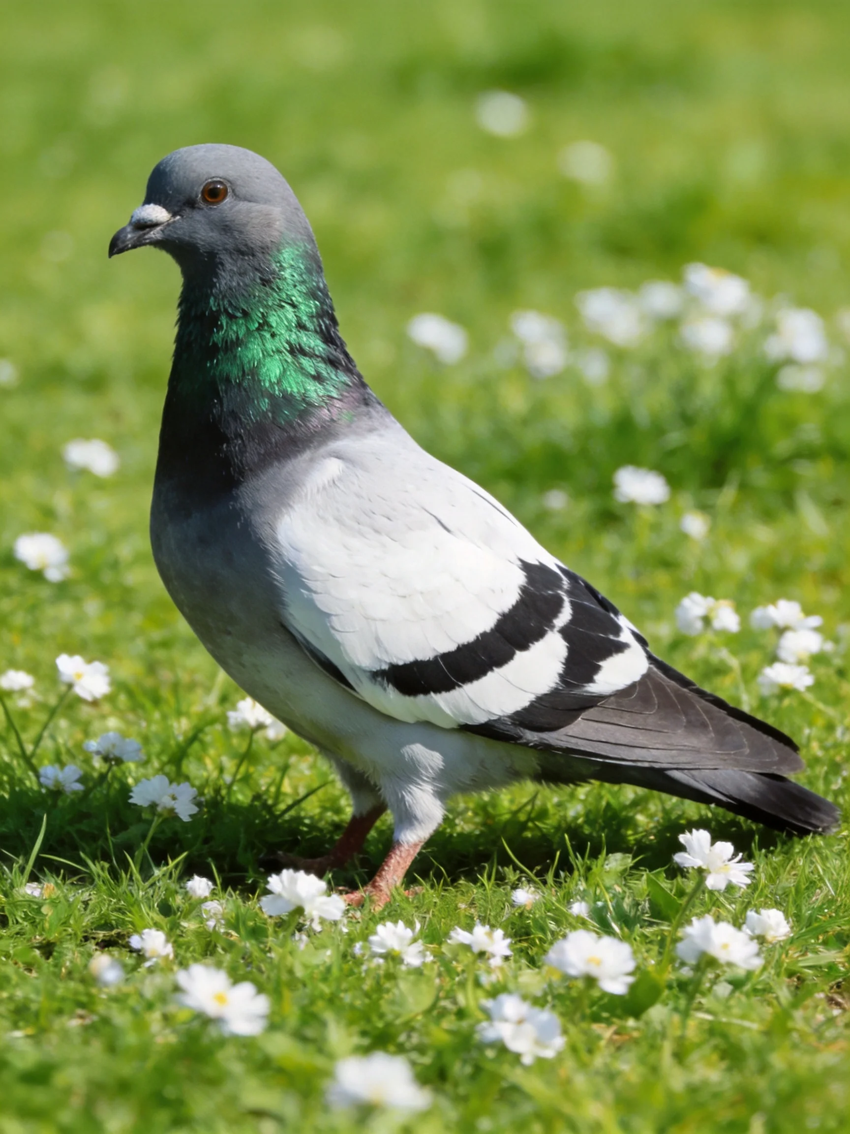 A Gray Pigeon with Iridescent Green Neck on Lush Grass with Small White Flowers