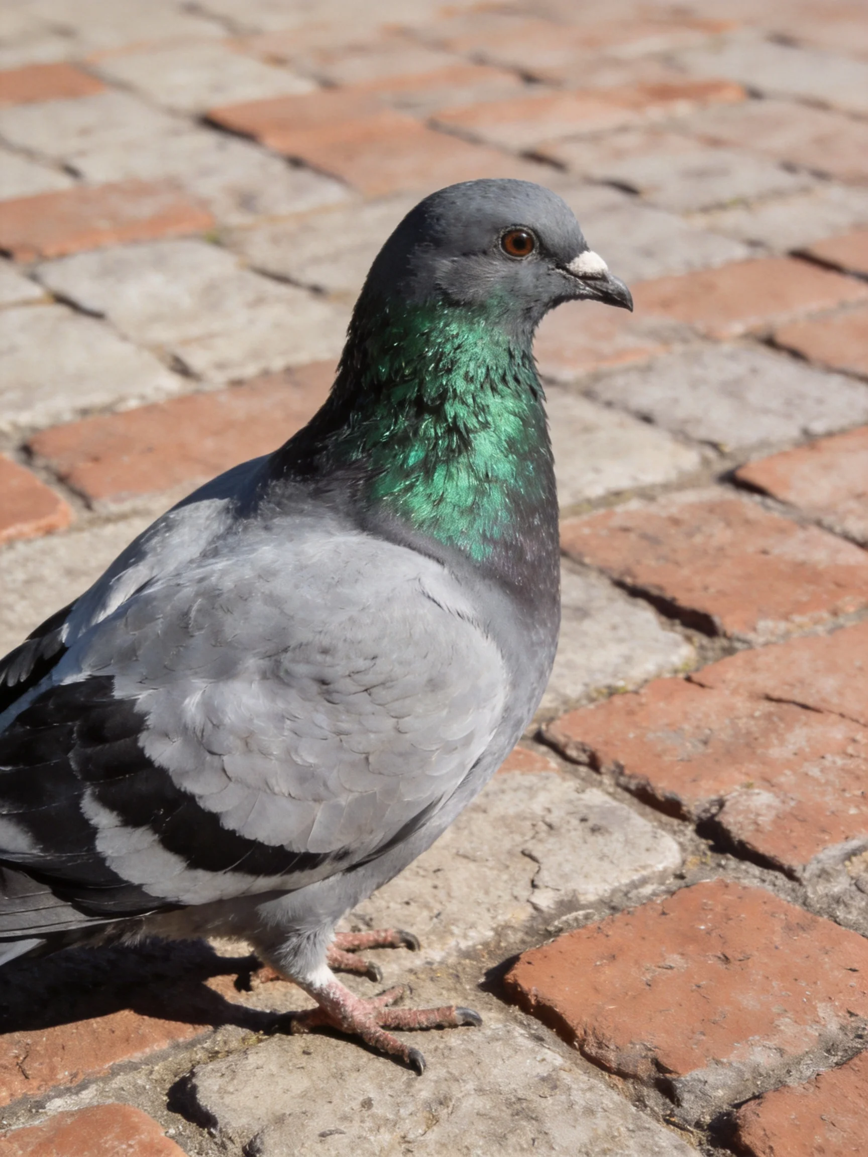 A gray pigeon with an iridescent green neck stands on a red brick pavement.