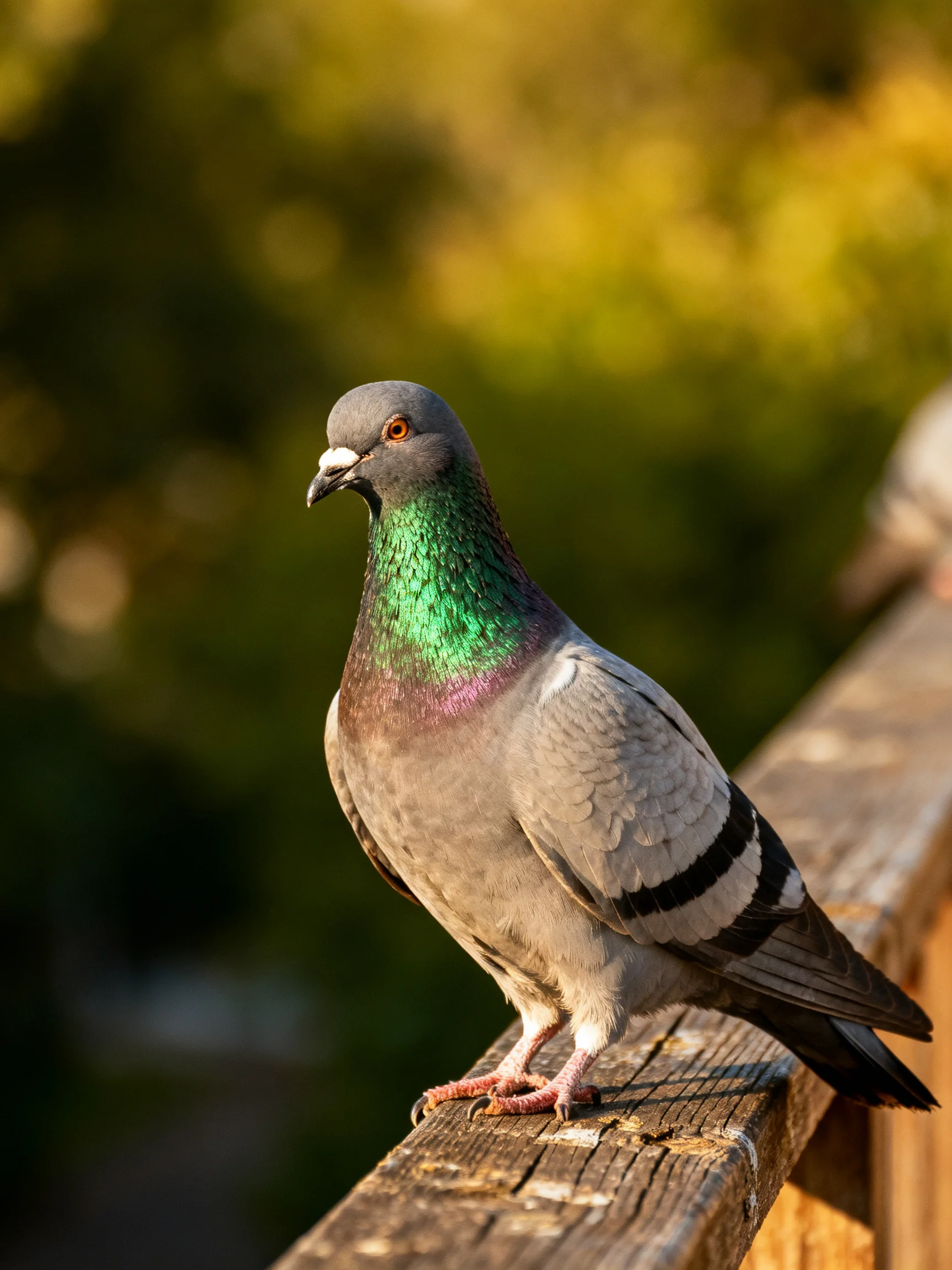 A Gray Pigeon with Iridescent Green Neck on Weathered Railing