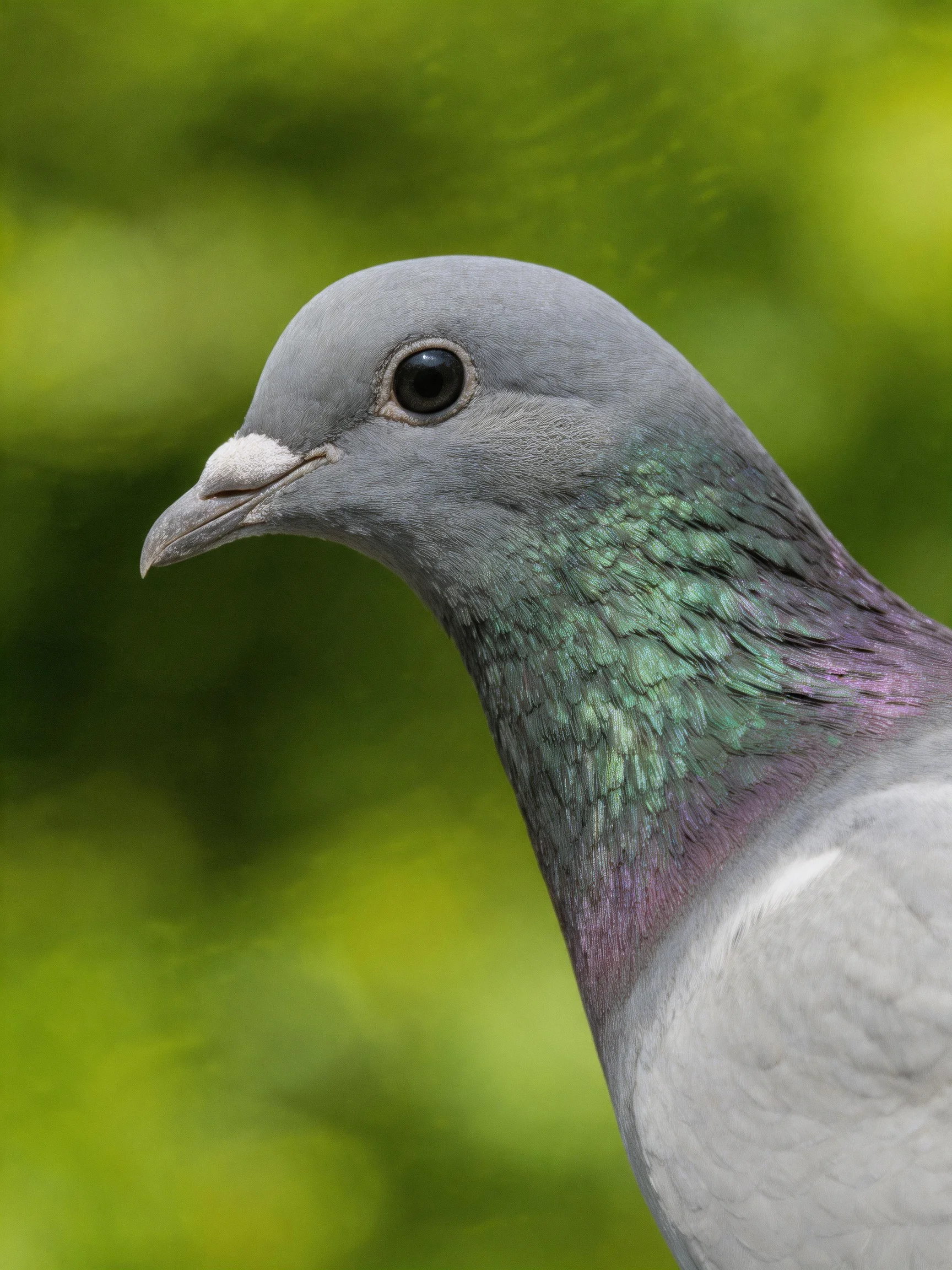 A gray pigeon with iridescent neck feathers stands before a blurred green backdrop.