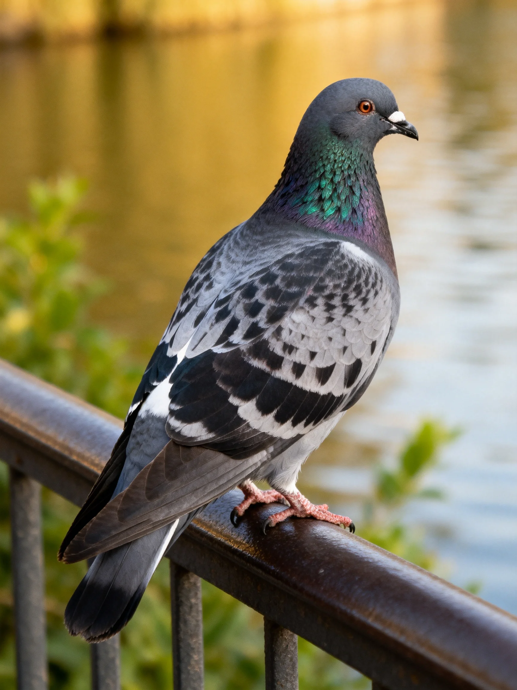 A Gray Pigeon with Iridescent Green-Purple Neck Perched on a Metal Railing by Golden Water