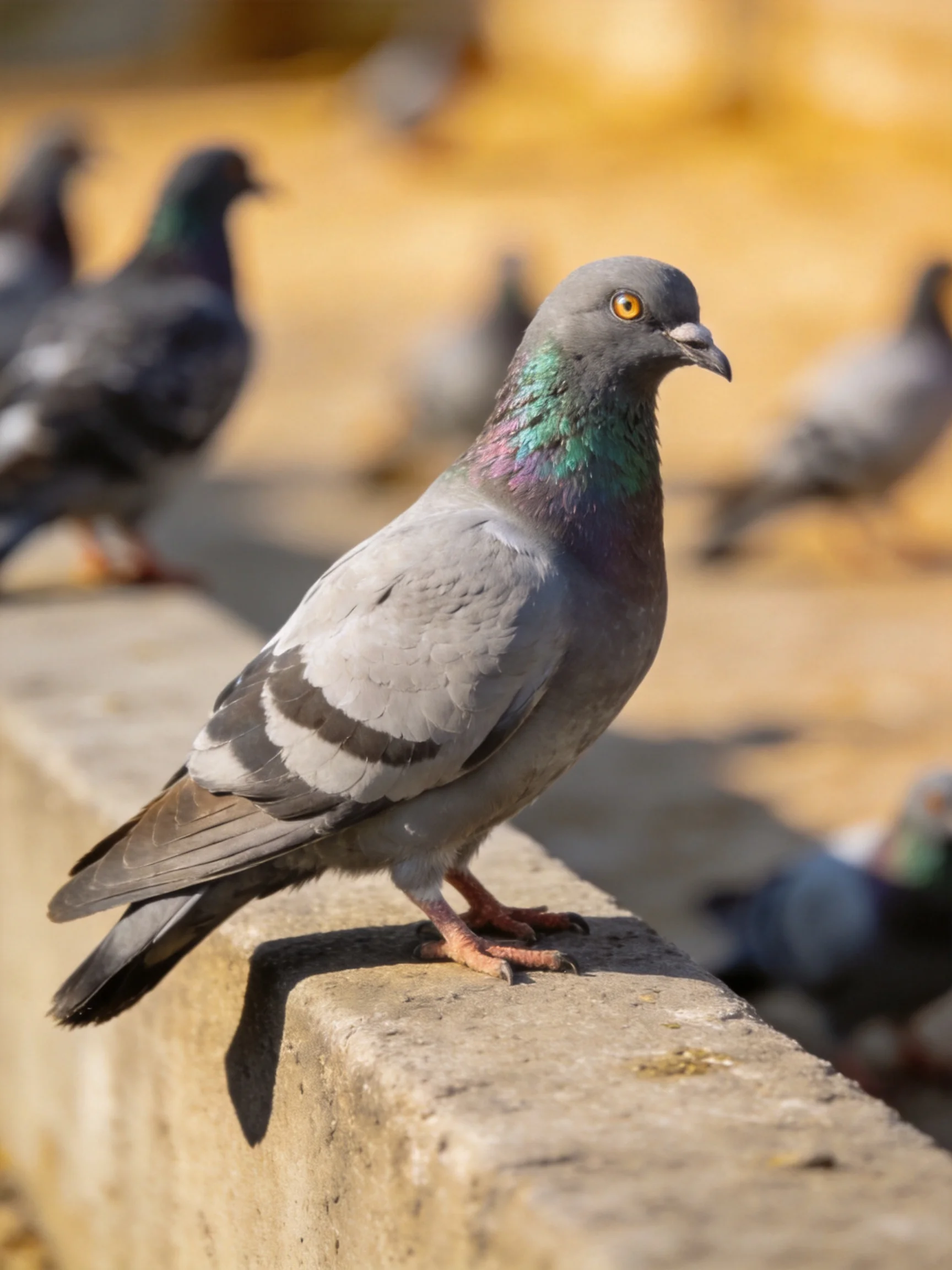 A gray pigeon with an iridescent neck perches on a concrete ledge, with other pigeons nearby.