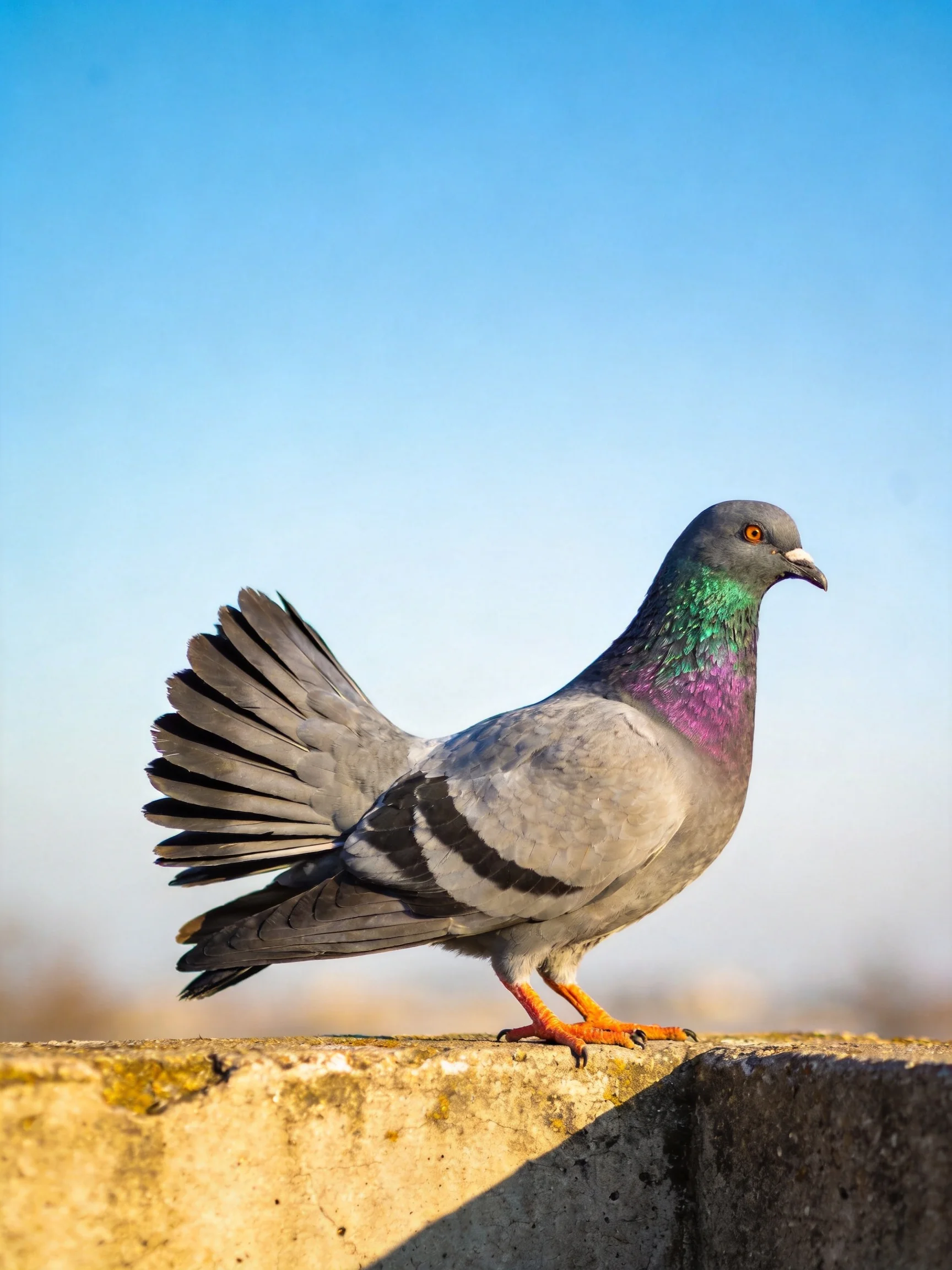 A Gray Pigeon with Iridescent Green-Purple Neck on Weathered Concrete