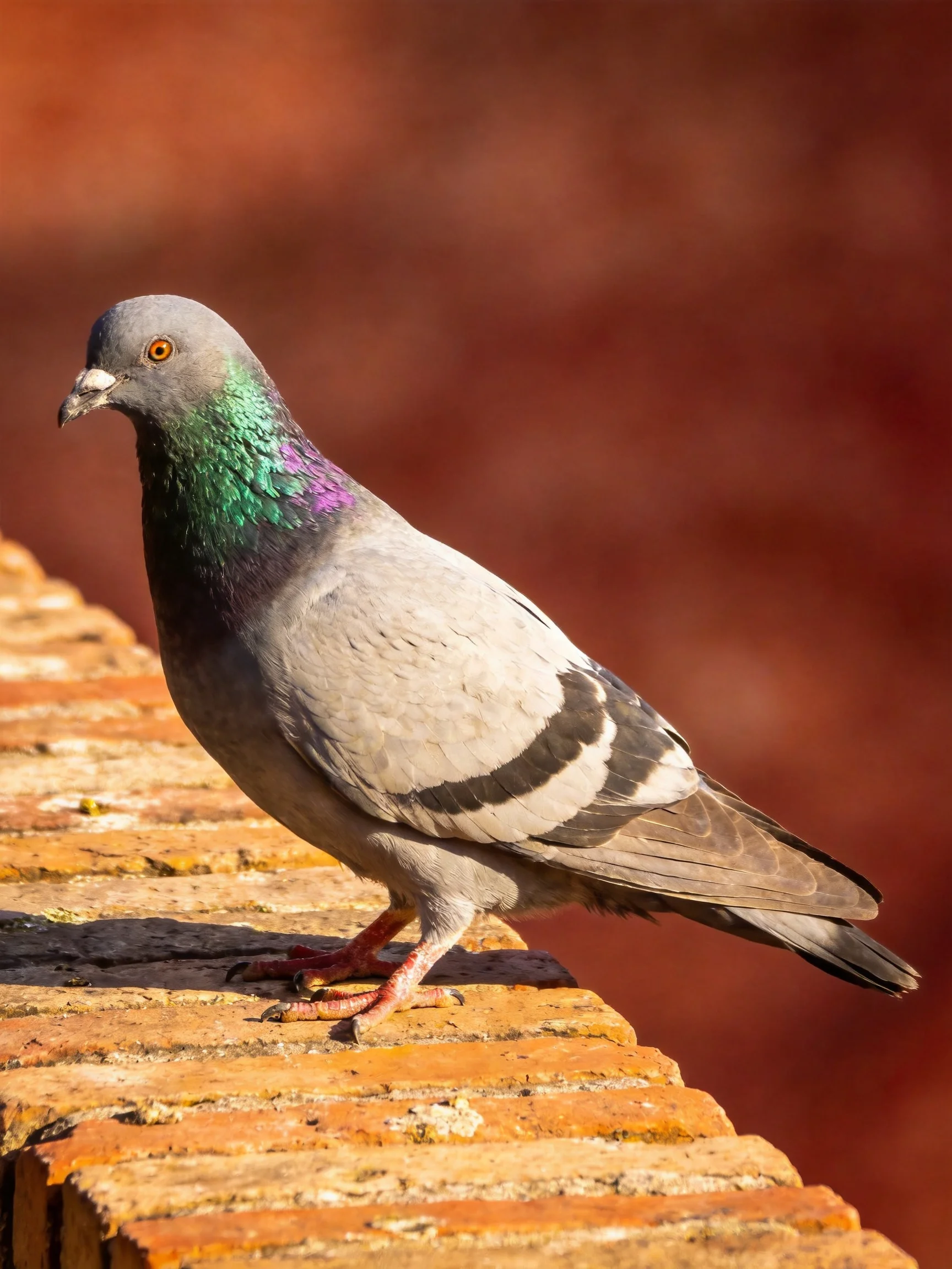 A Gray Pigeon with Iridescent Green-Purple Neck on a Weathered Brick Ledge
