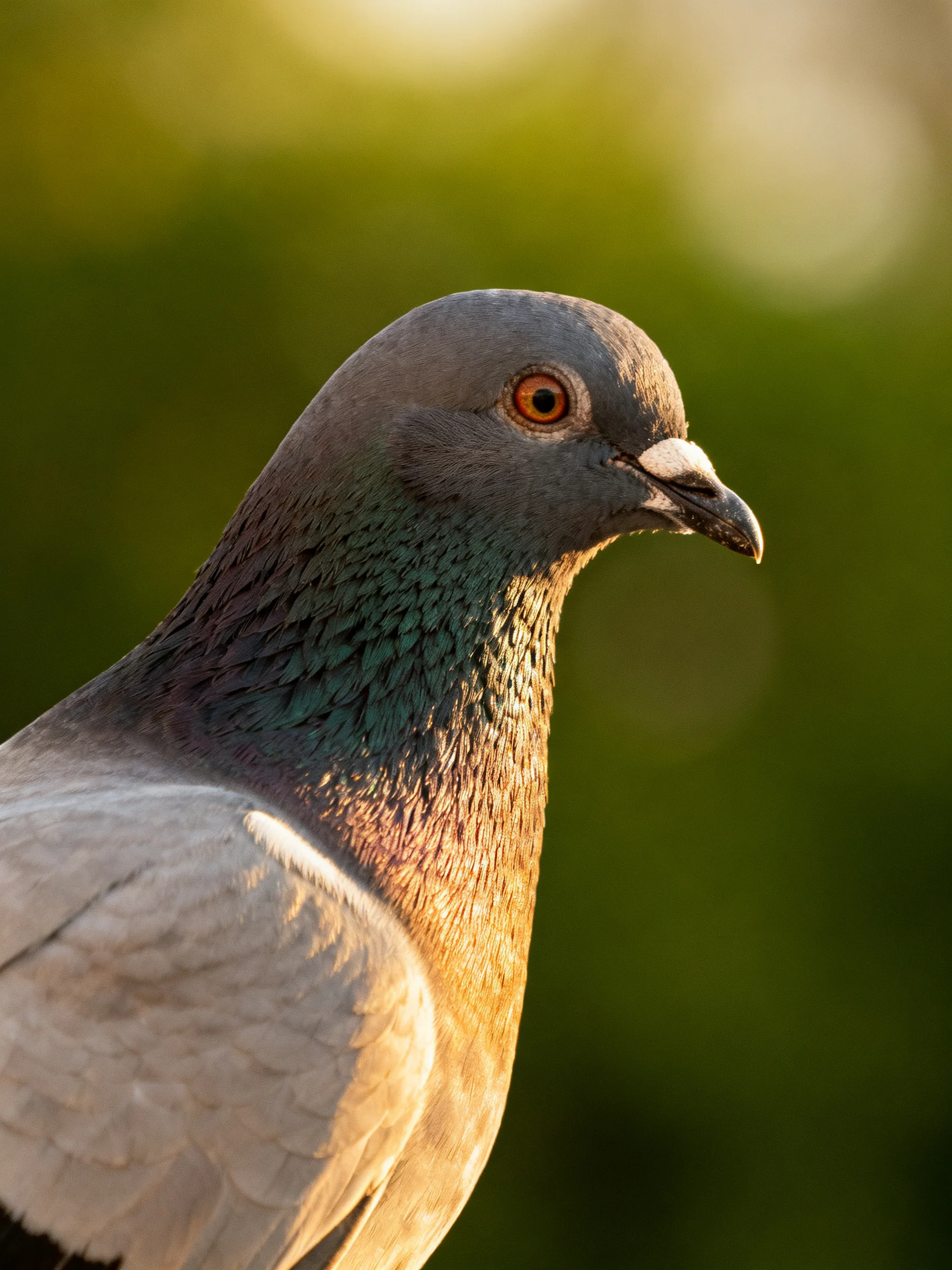 A Gray Pigeon with Iridescent Green and Brown Feathers in Warm Light