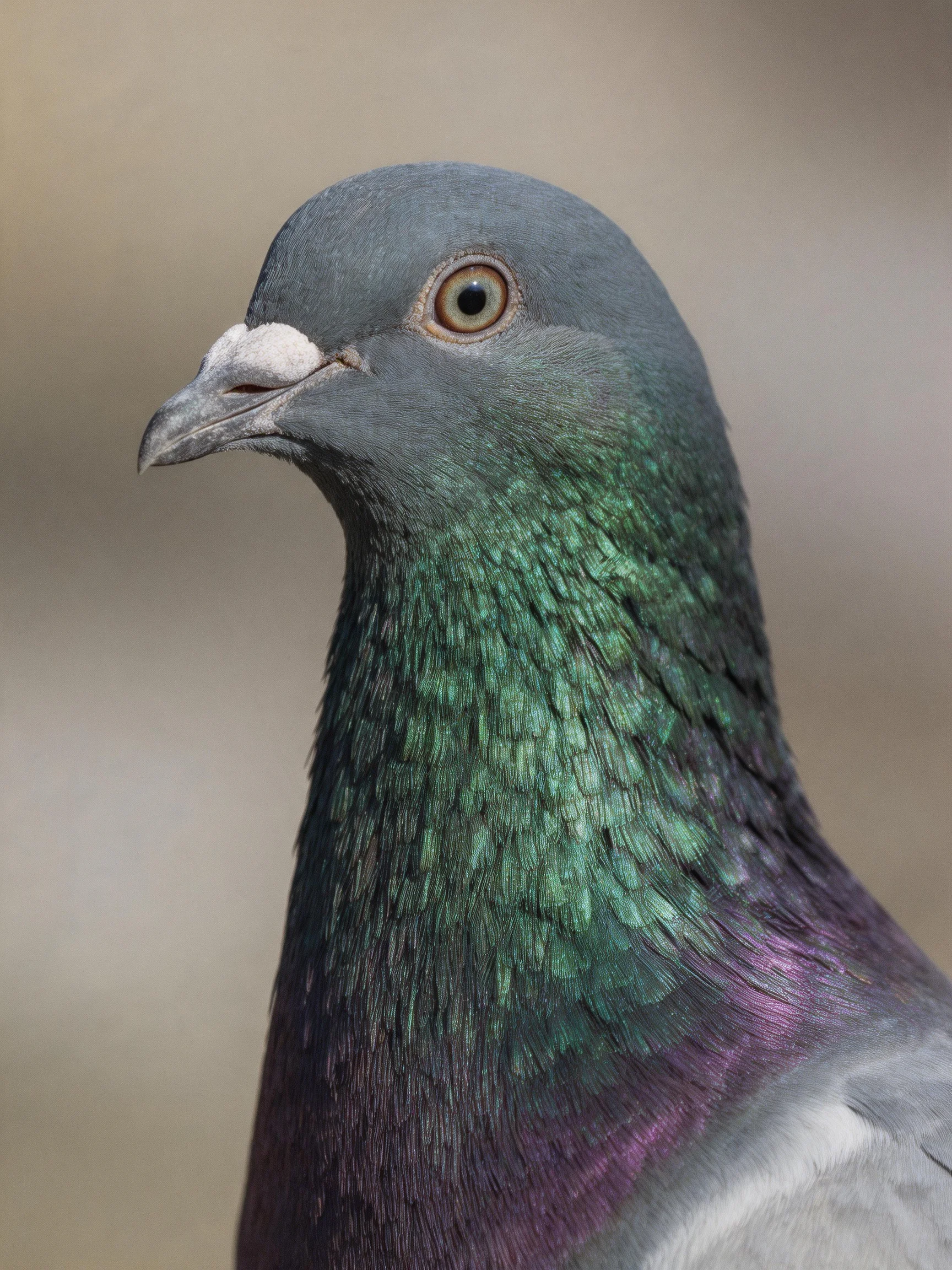 A Gray Pigeon with Iridescent Green and Purple Neck Feathers