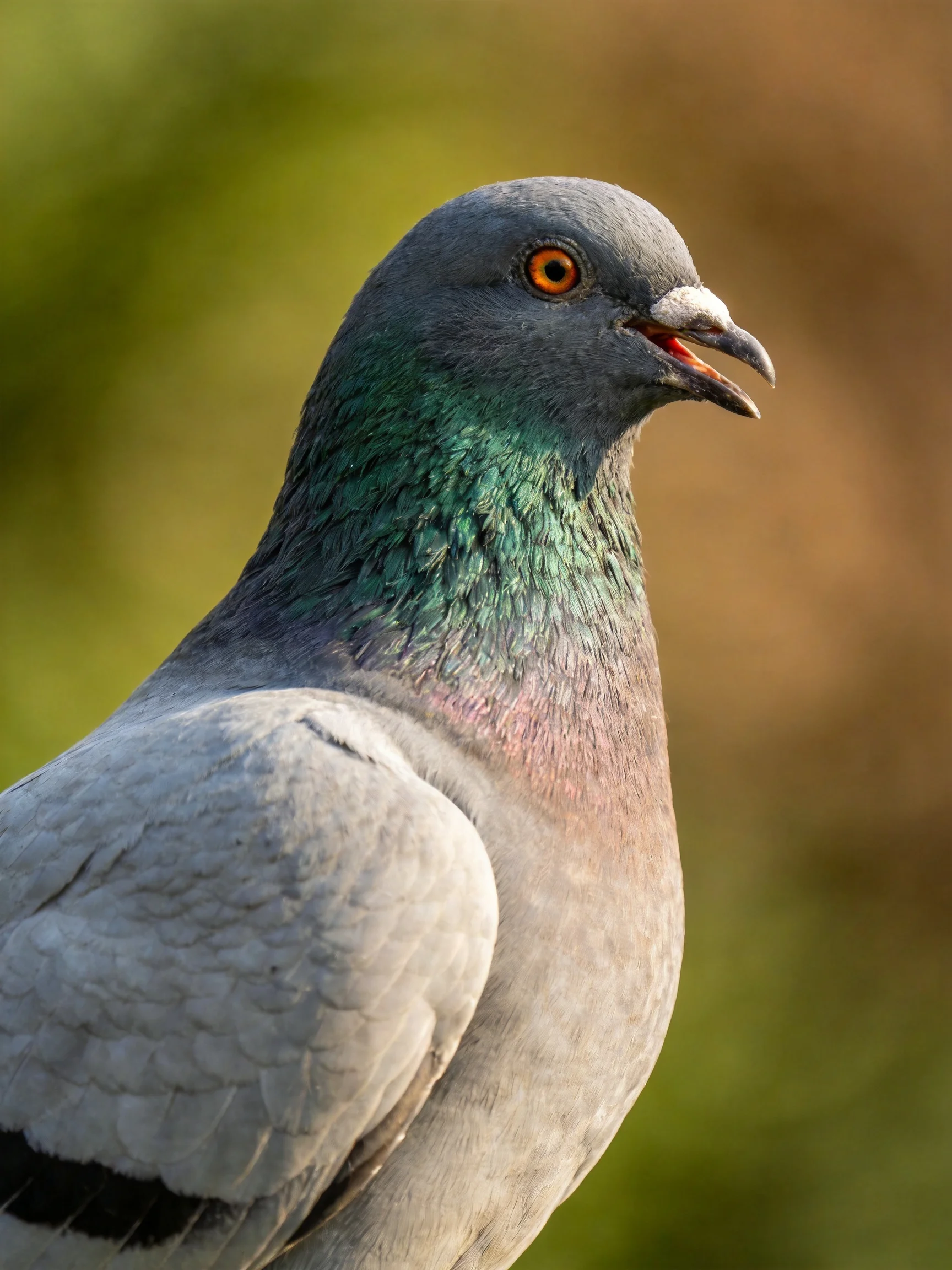 A gray pigeon with colorful neck feathers is shown in a close - up against a blurred natural backdrop.