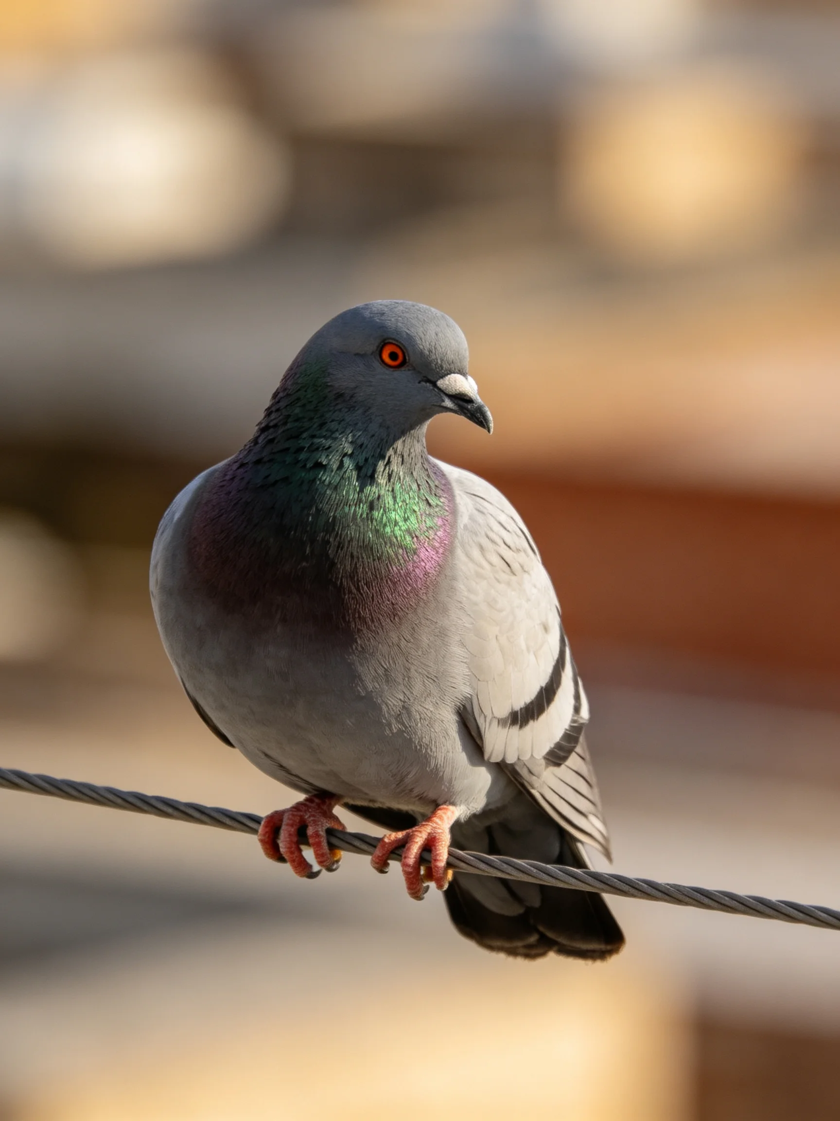 A Gray Pigeon with Iridescent Neck Feathers Perched on a Wire