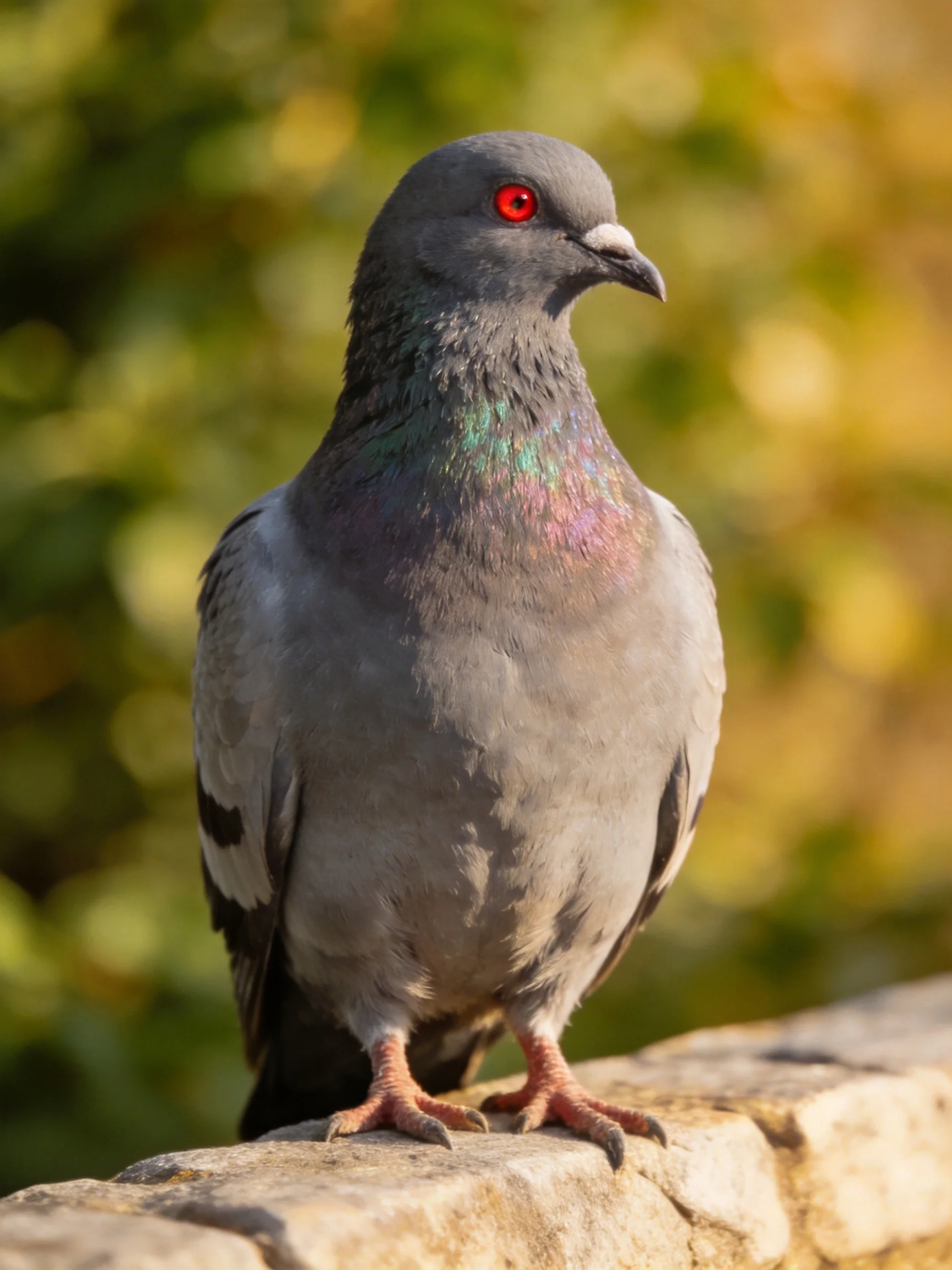A Gray Pigeon with Iridescent Neck Perched on Stone Ledge