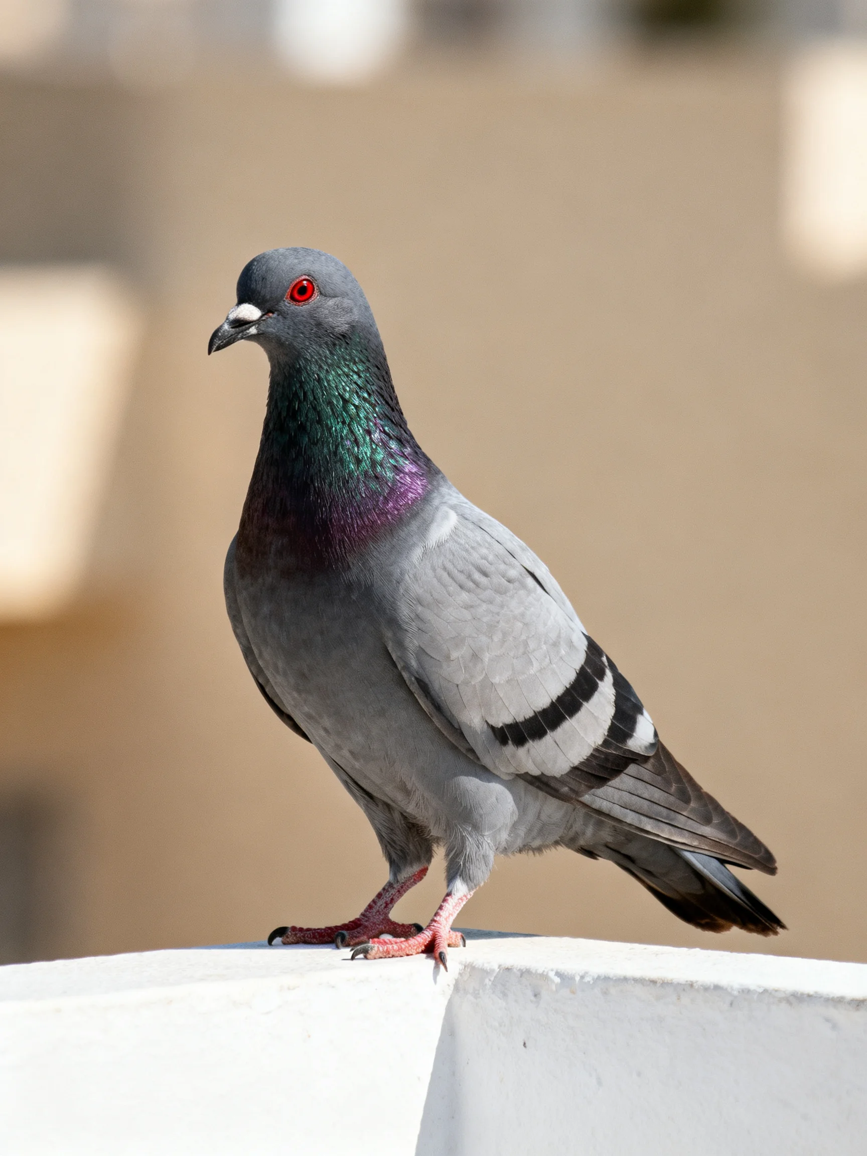 A Gray Pigeon with Iridescent Neck Perched on White Structure