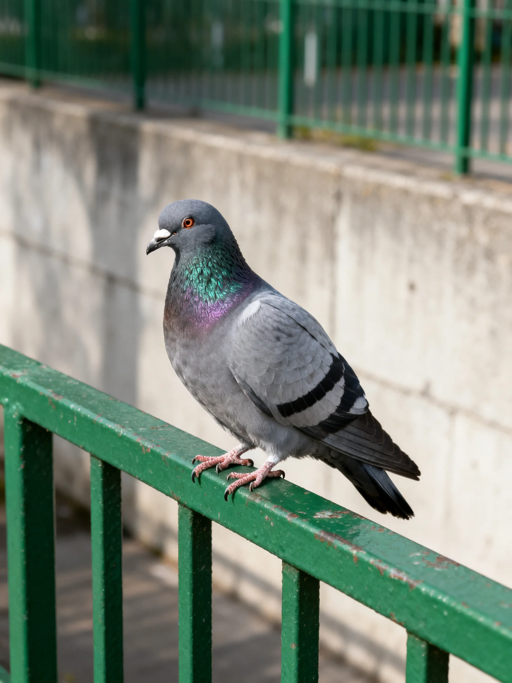 A Gray Pigeon with Iridescent Neck Perches on Green Railings