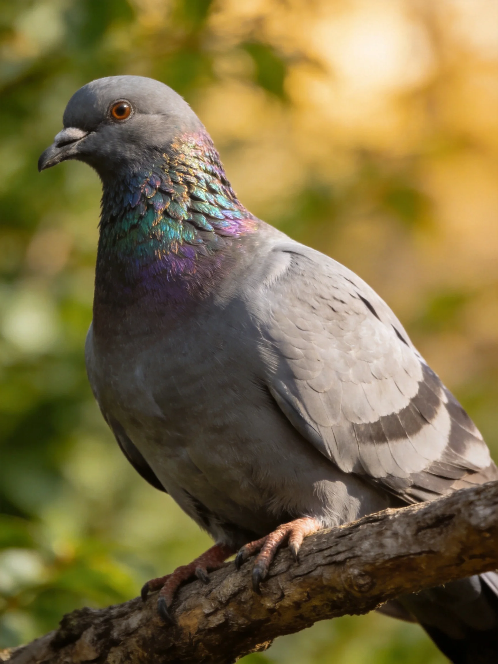 A Gray Pigeon with Iridescent Neck Perches on a Branch