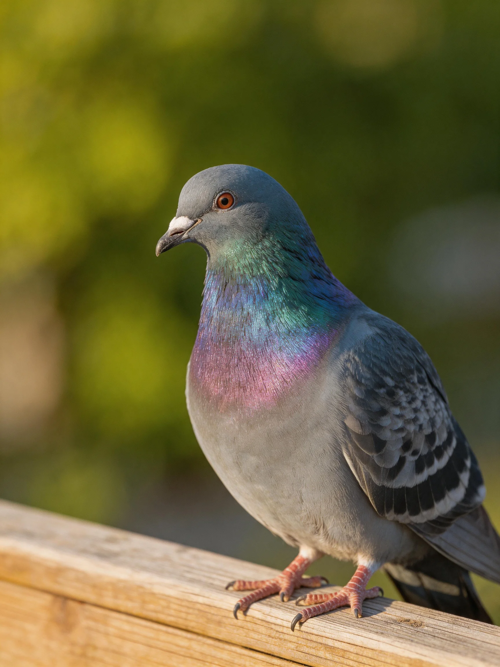 A Gray Pigeon with Iridescent Plumage Perched on Wooden Rail