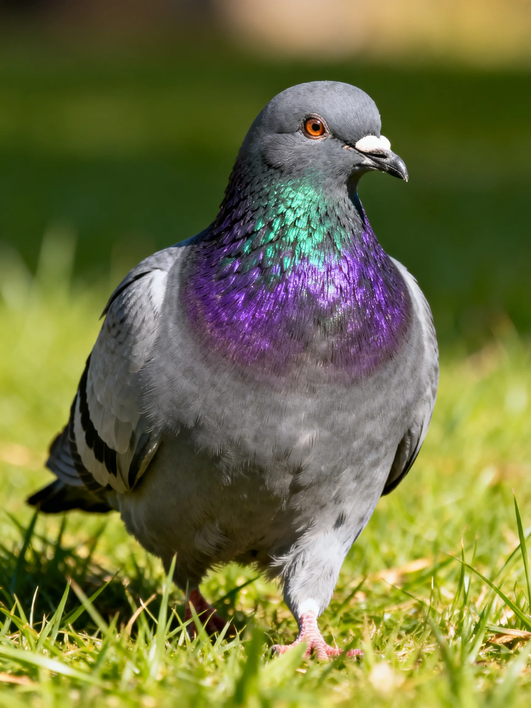 A Gray Pigeon with Iridescent Purple-Green Neck Feathers on Green Grass