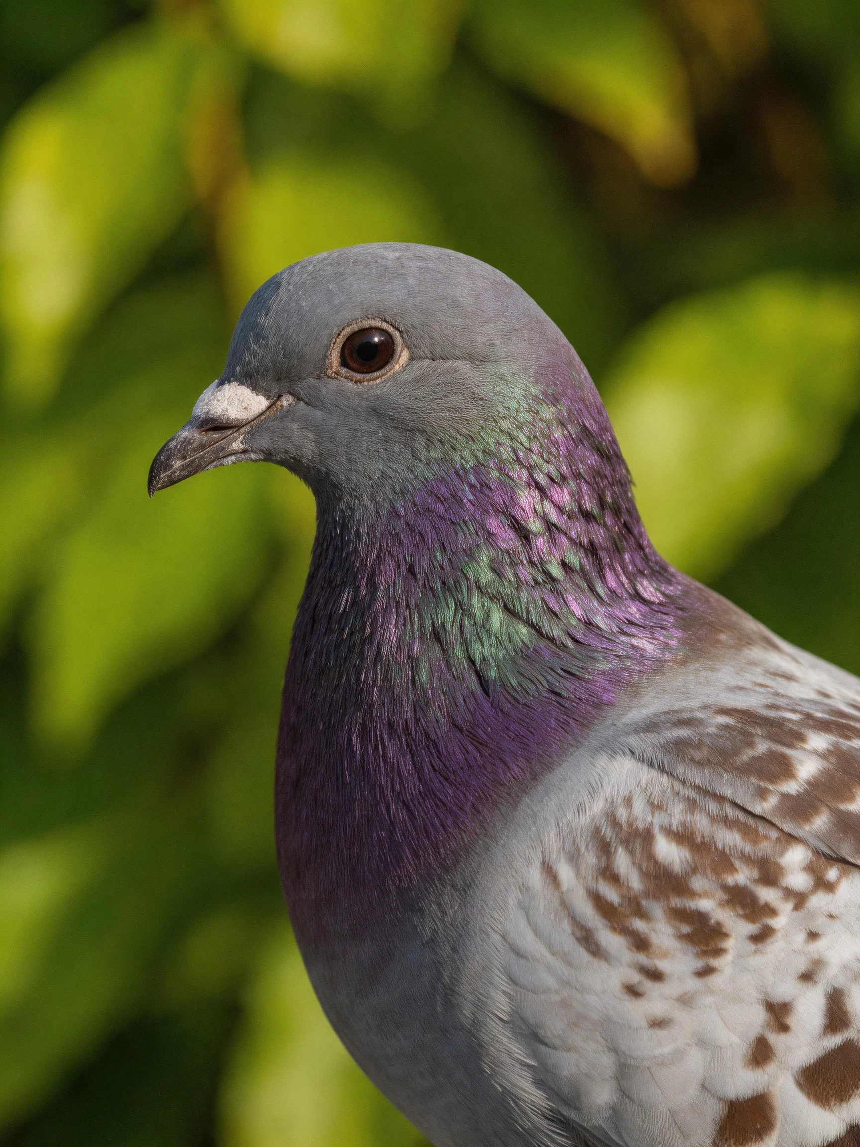 A Gray Pigeon with Purple-Green Neck Feathers Near Lush Green Foliage