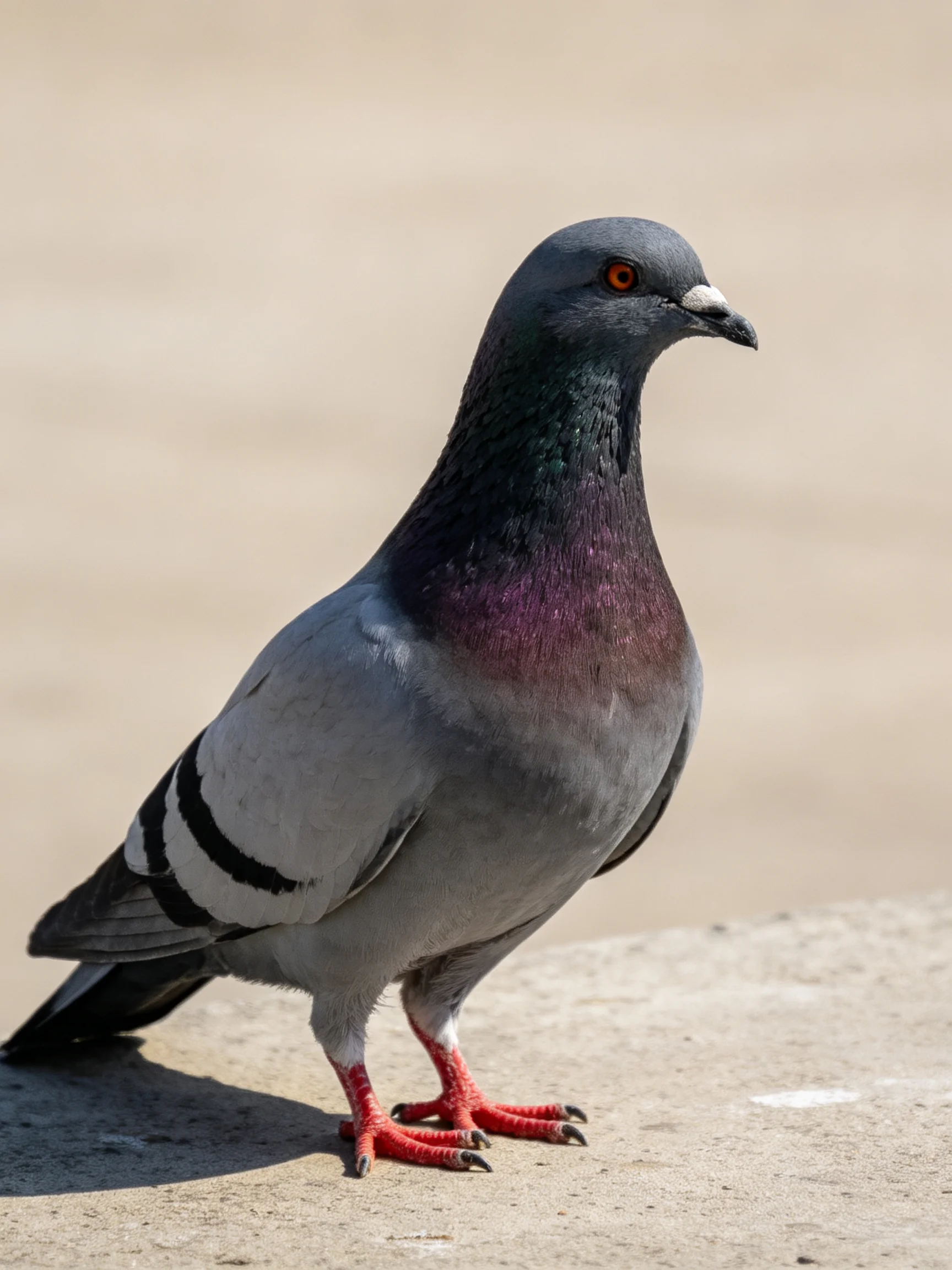 A Gray Pigeon with Purple Neck and Red Legs Standing on Concrete