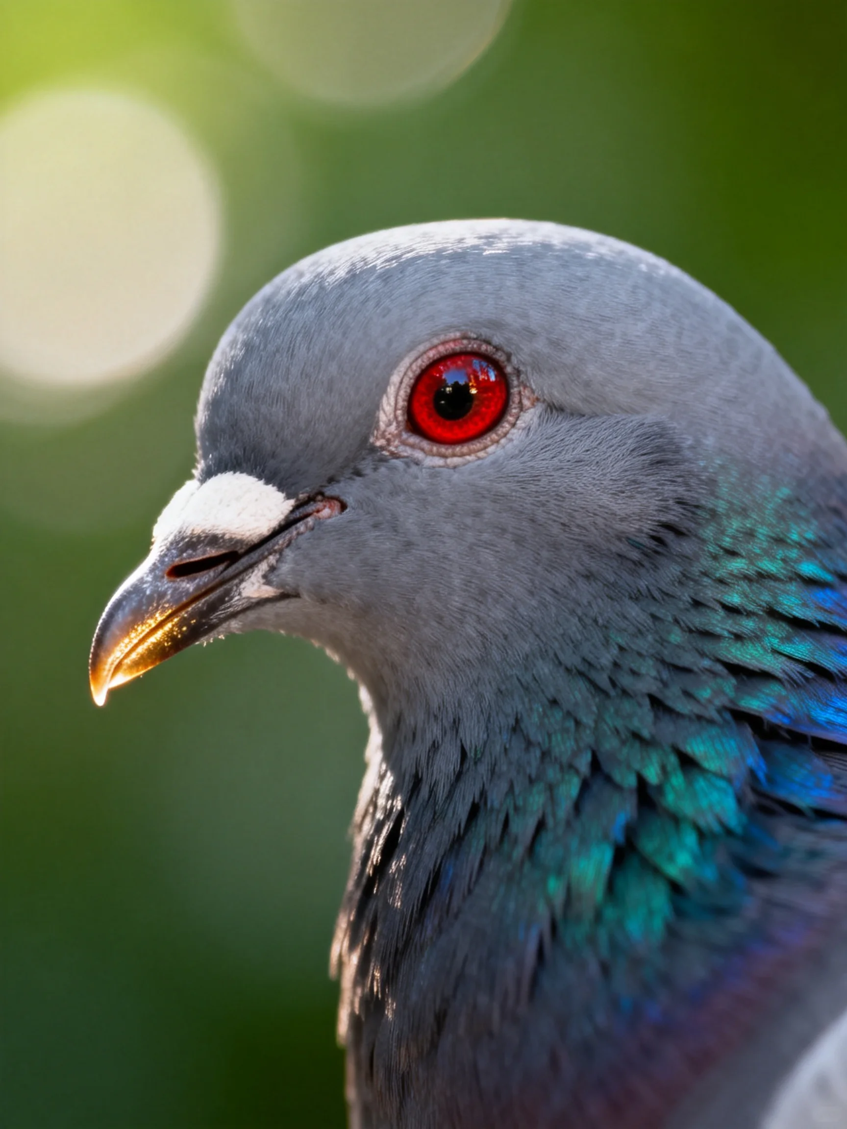 A close - up of a gray pigeon with a bright red eye.