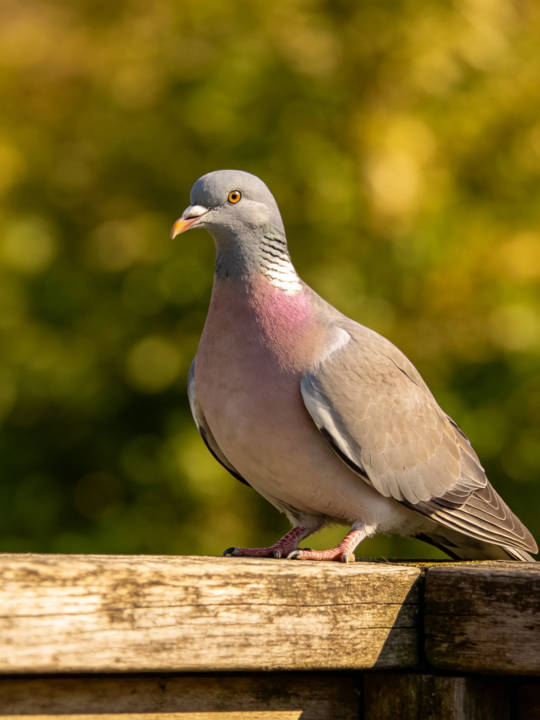 A pigeon stands on weathered wood with a blurred green backdrop.