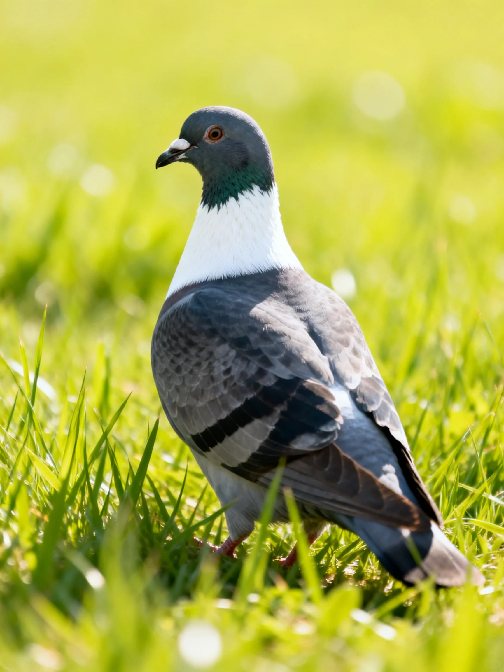 A pigeon stands on grass in a sunlit outdoor setting.