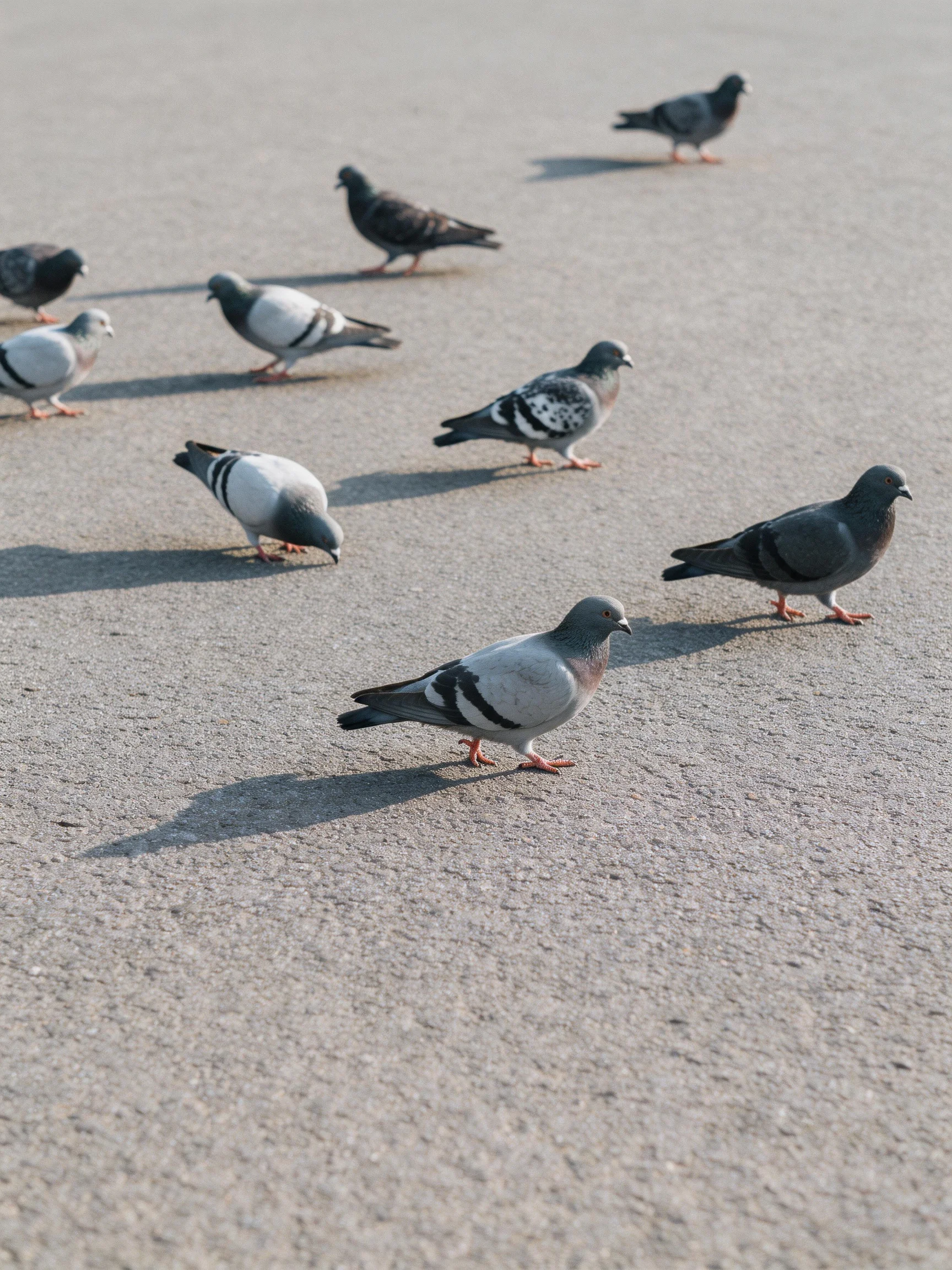 A Group of Pigeons in Varied Colors on a Gray Pavement
