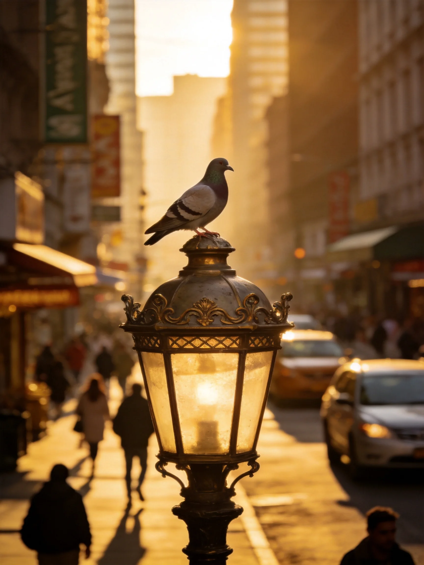 A Pigeon Perches on an Ornate Street Lamp Amidst a Golden City Sunset