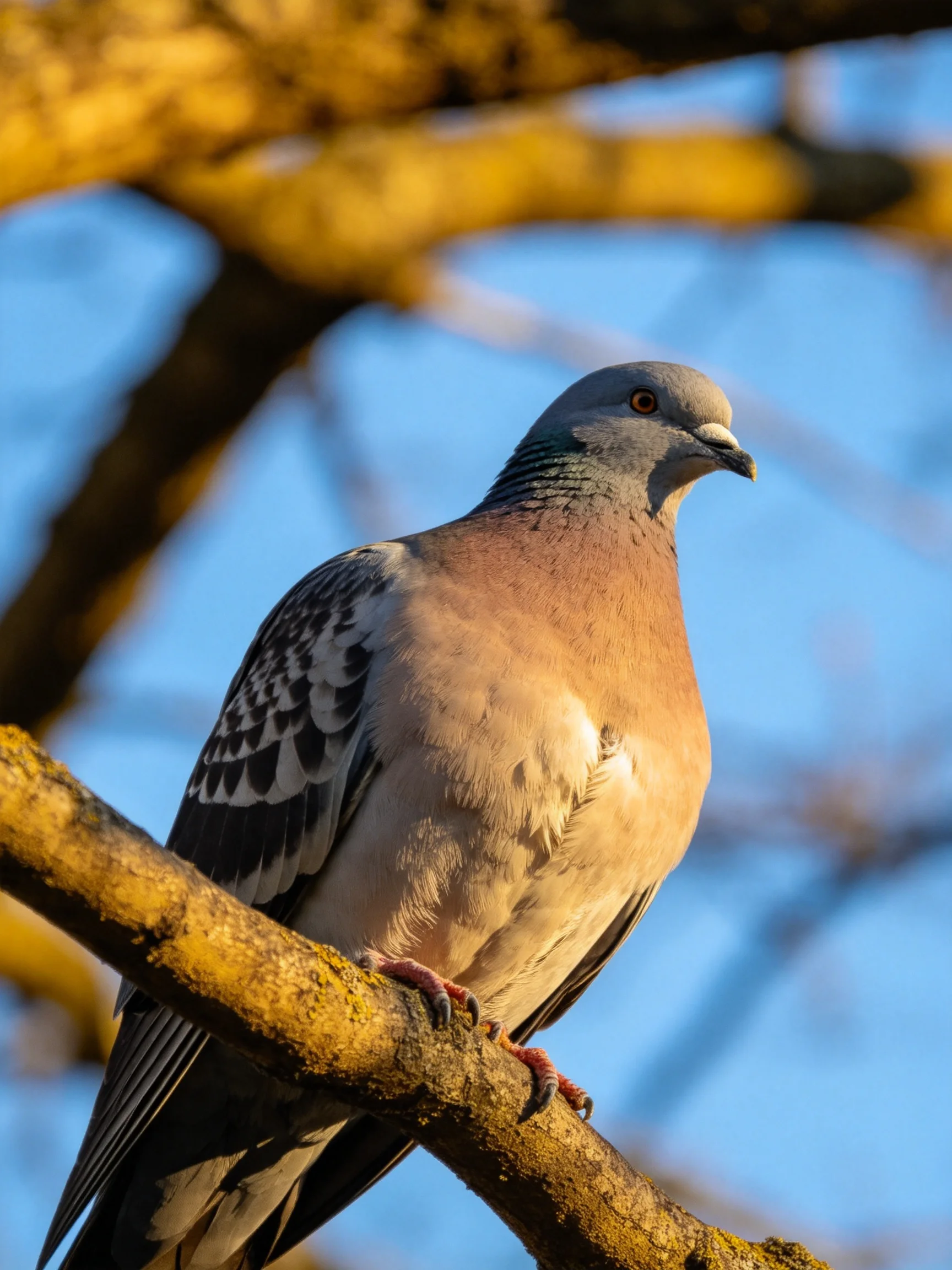 A single pigeon rests on a mossy branch with a clear blue sky behind.