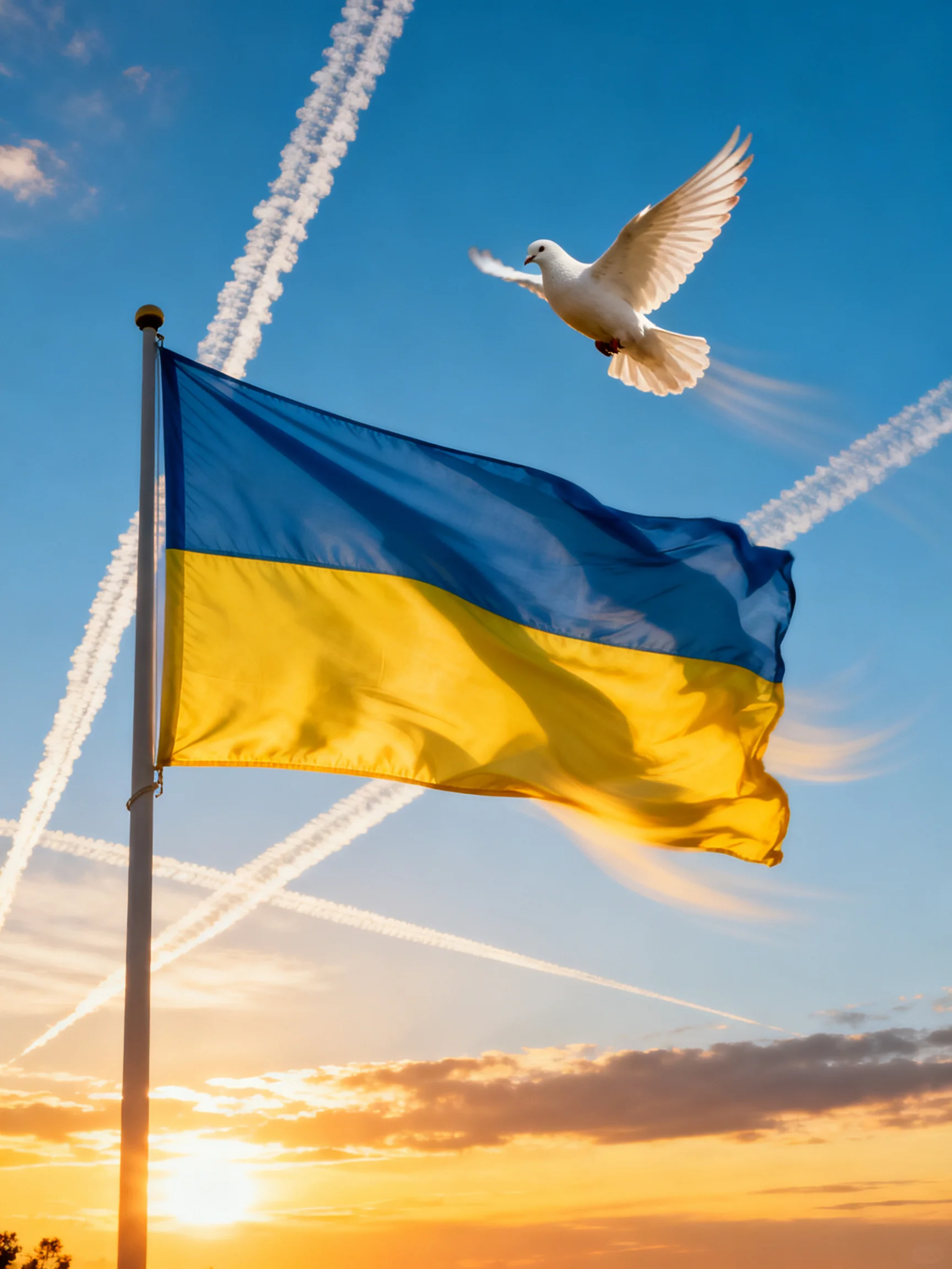 A Ukrainian flag and white dove in a sunset sky with contrails