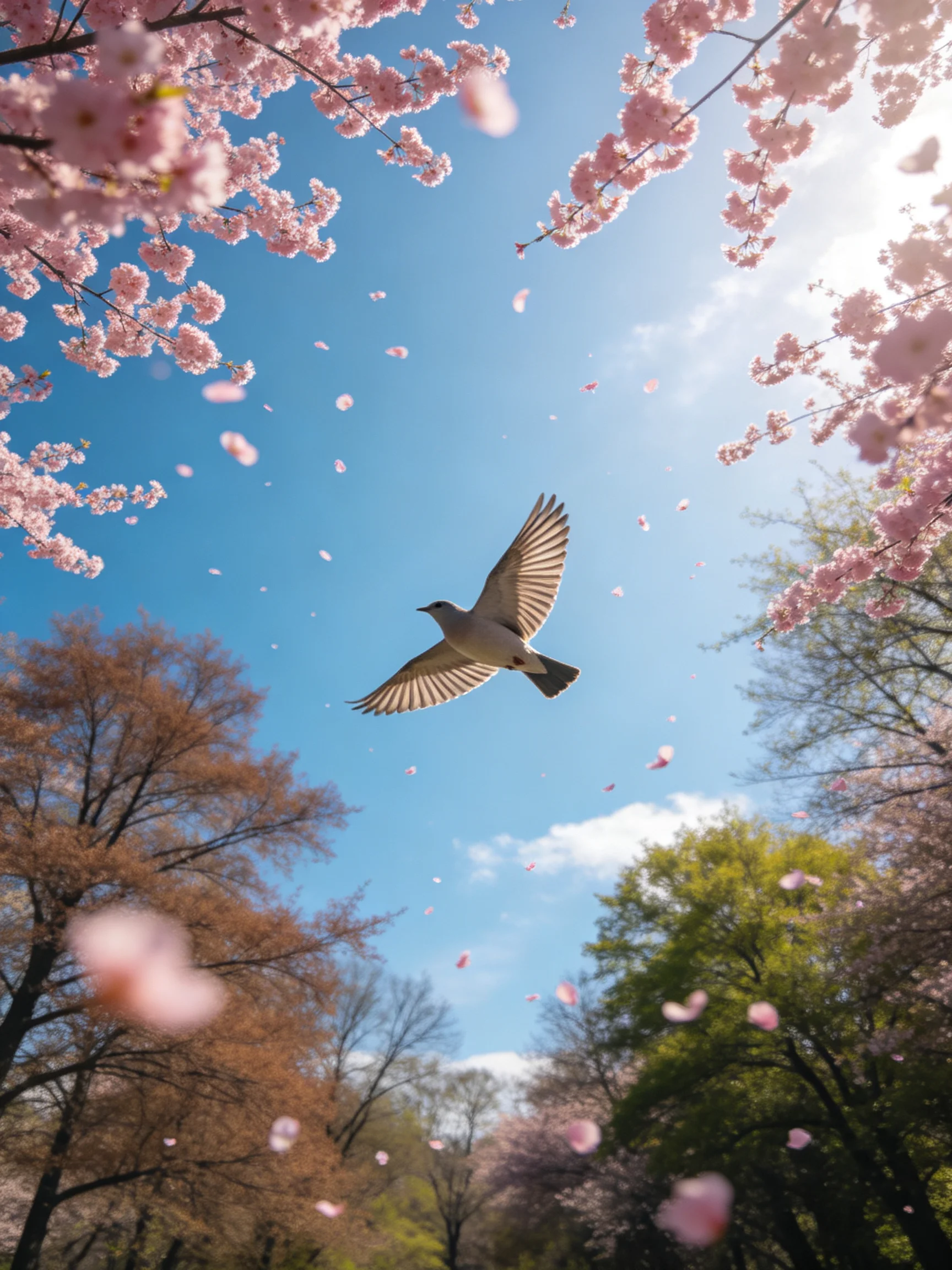A bird flies amid pink cherry blossoms and a clear blue sky